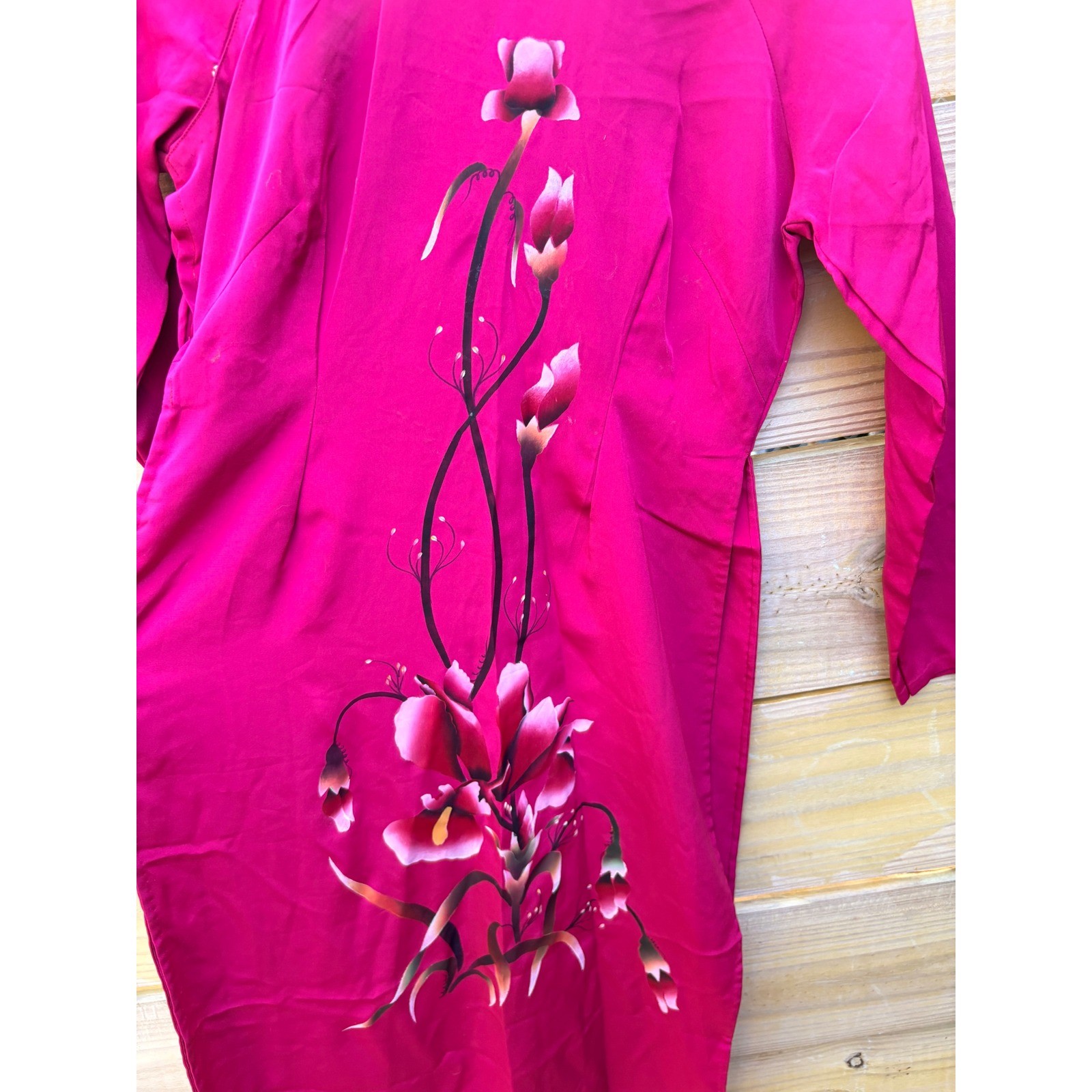 Magenta Pink Hand Painted Floral Ao Dai Vietnamese Traditional Tunic Dress
