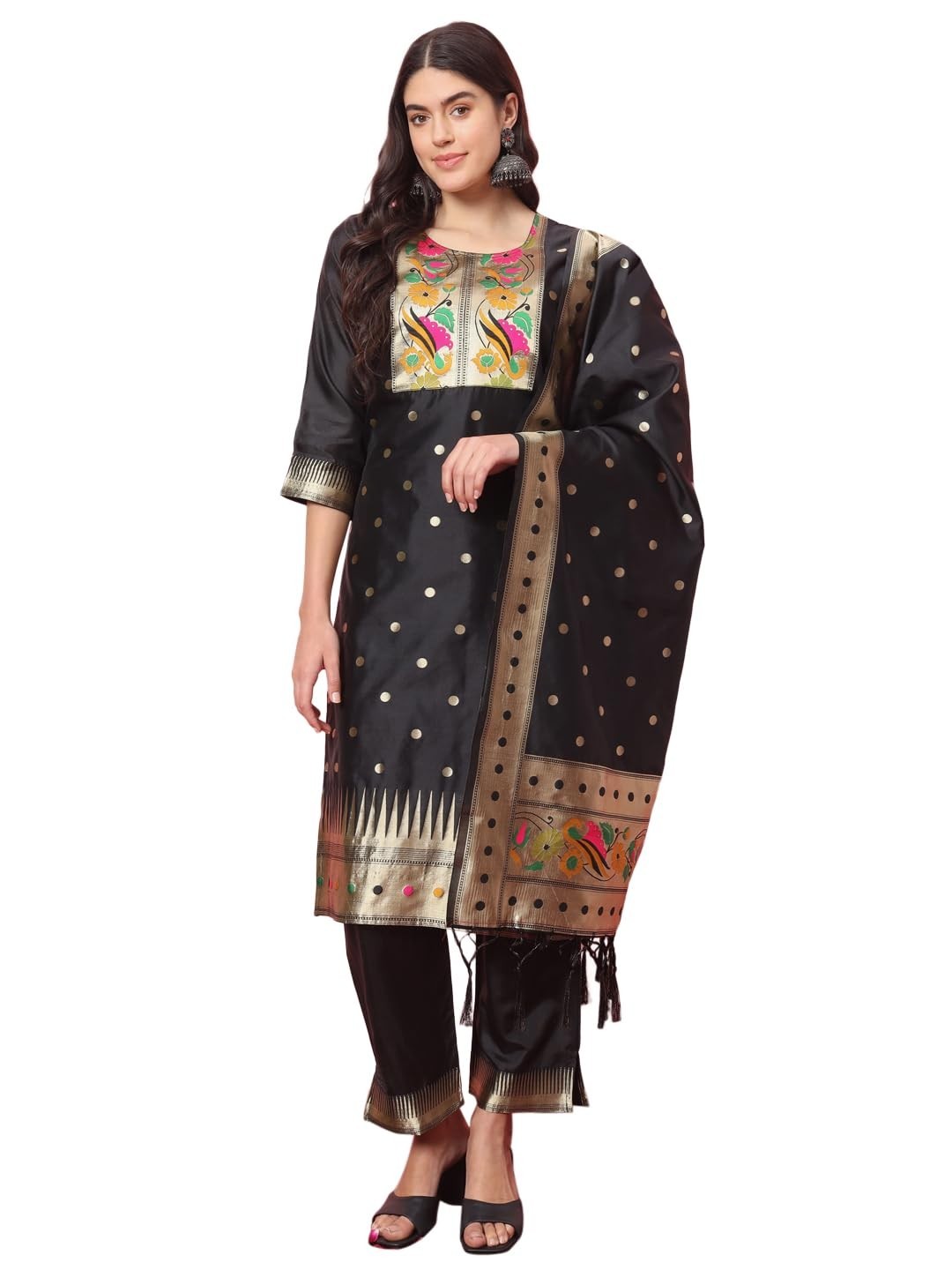 Women’s Cotton Silk Jacquard Straight Kurta with Pant & Banarasi Silk Dupatta