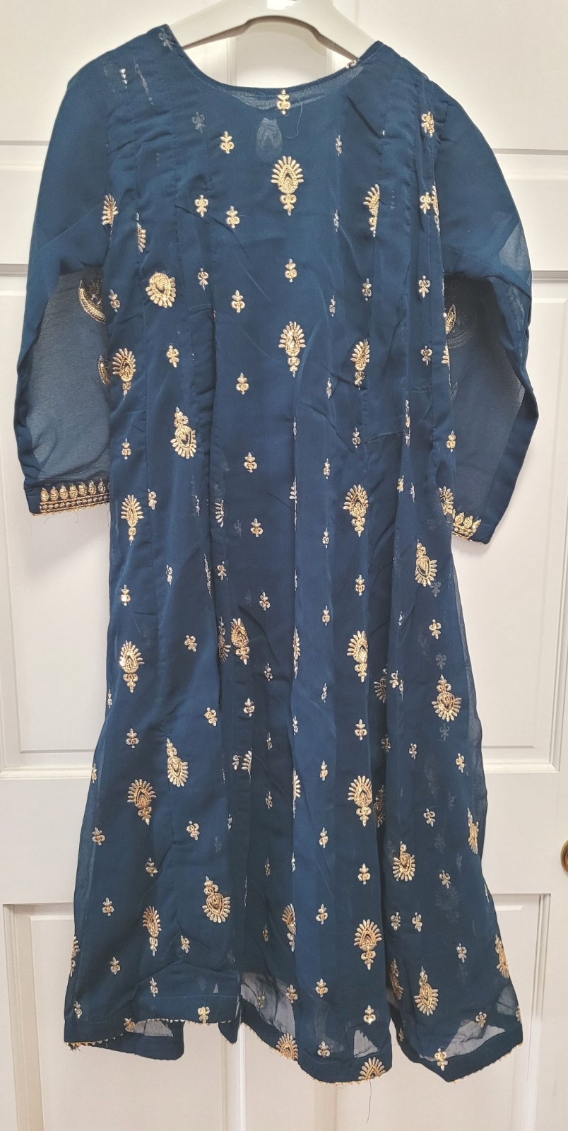3pc Embroidered Sequin Cotton Chiffon Salwar Kameez & Dupatta – Navy Blue – S