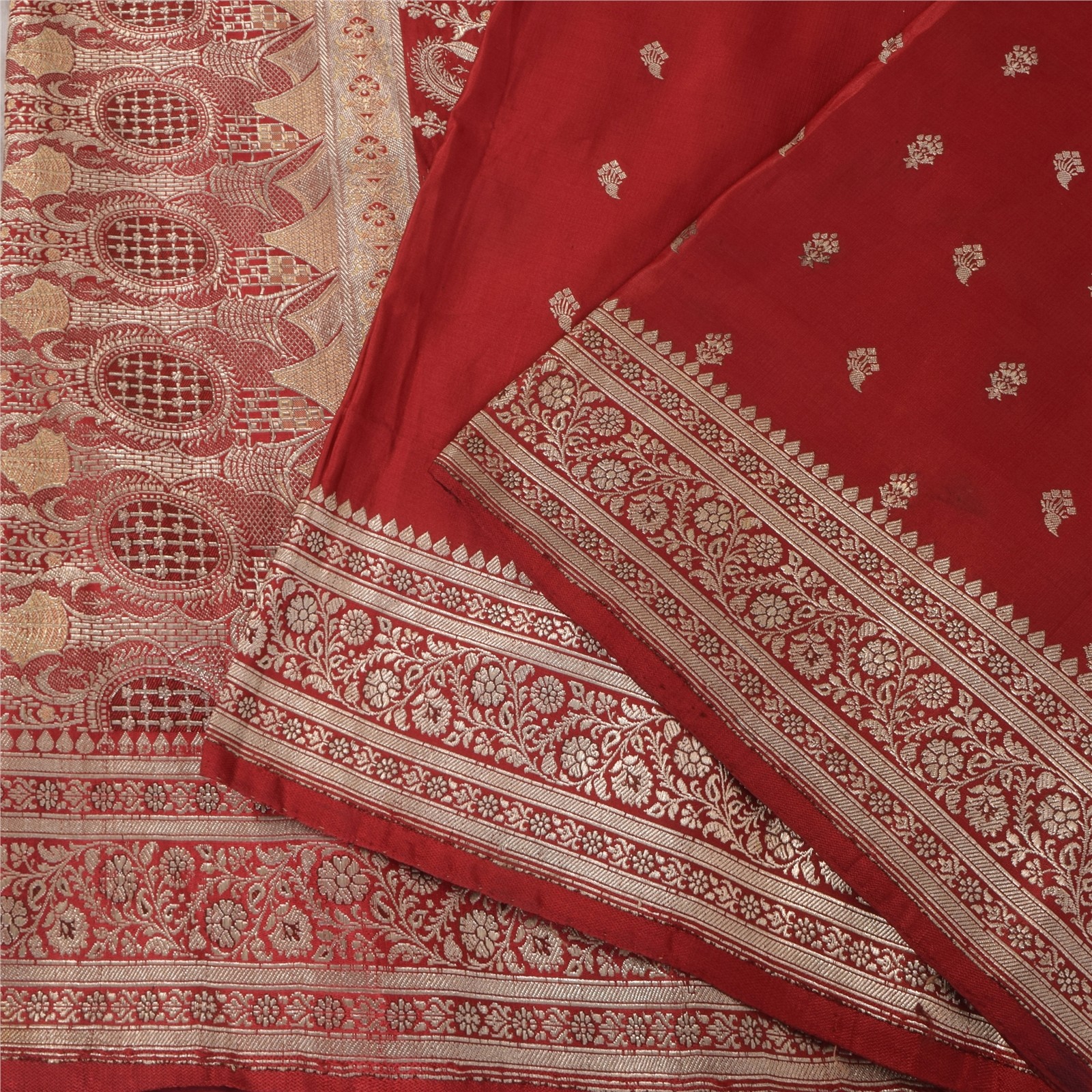 Sanskriti Vintage Red Sarees Pure Satin Silk Brocade/Banarasi Woven Sari Fabric