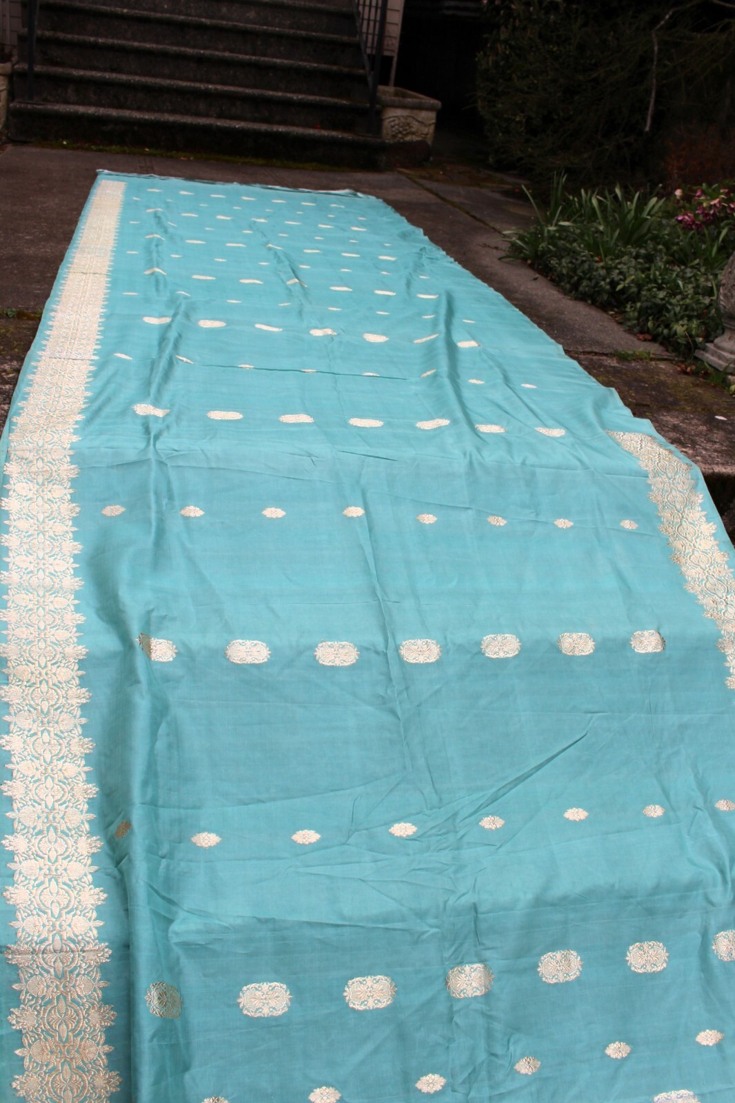 Unused Hand Woven South Asian Sky Blue Silk Sari with Silver Weft Brocade