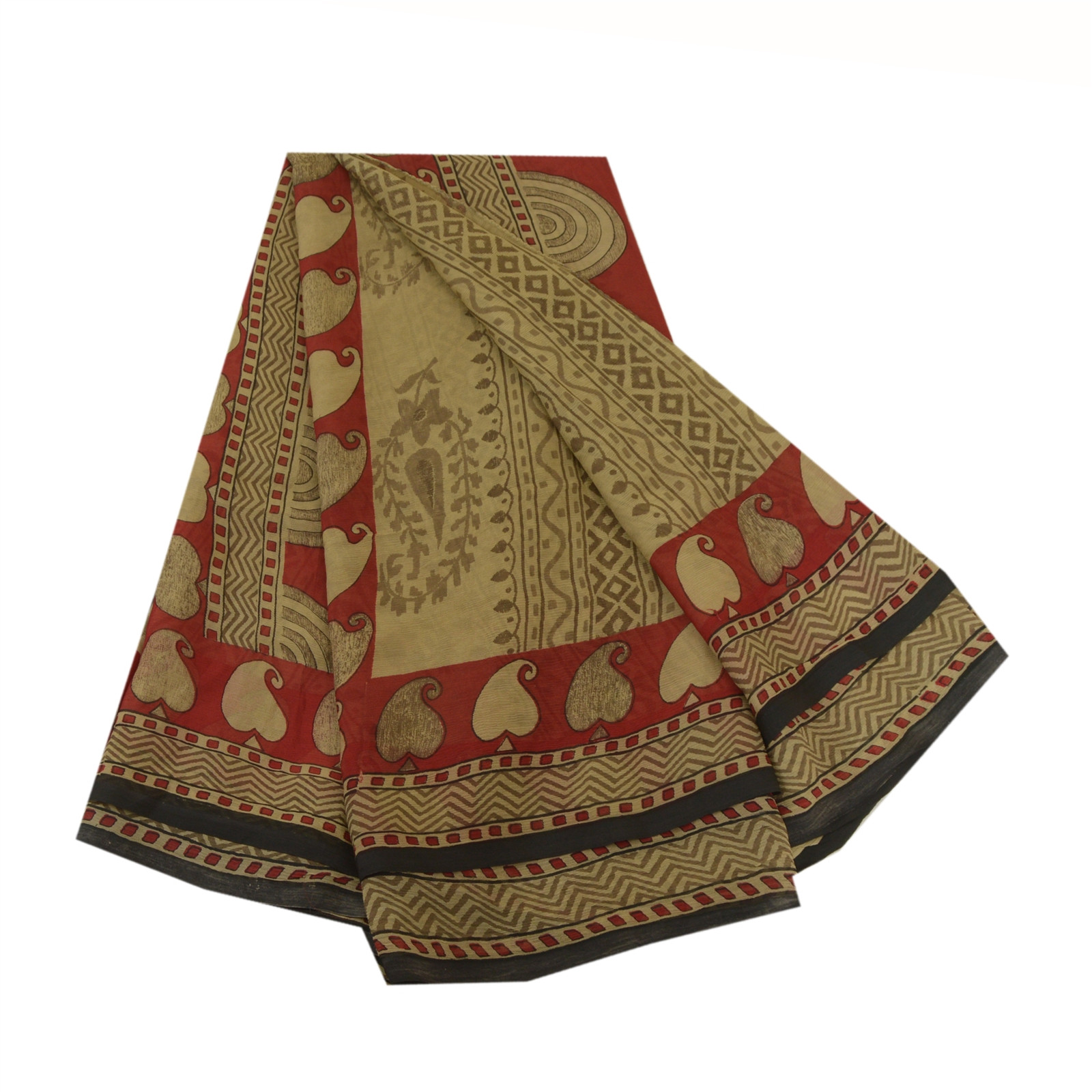 Sanskriti Vintage Sarees Cream/Red Pure Chiffon Silk Printed Sari Craft Fabric