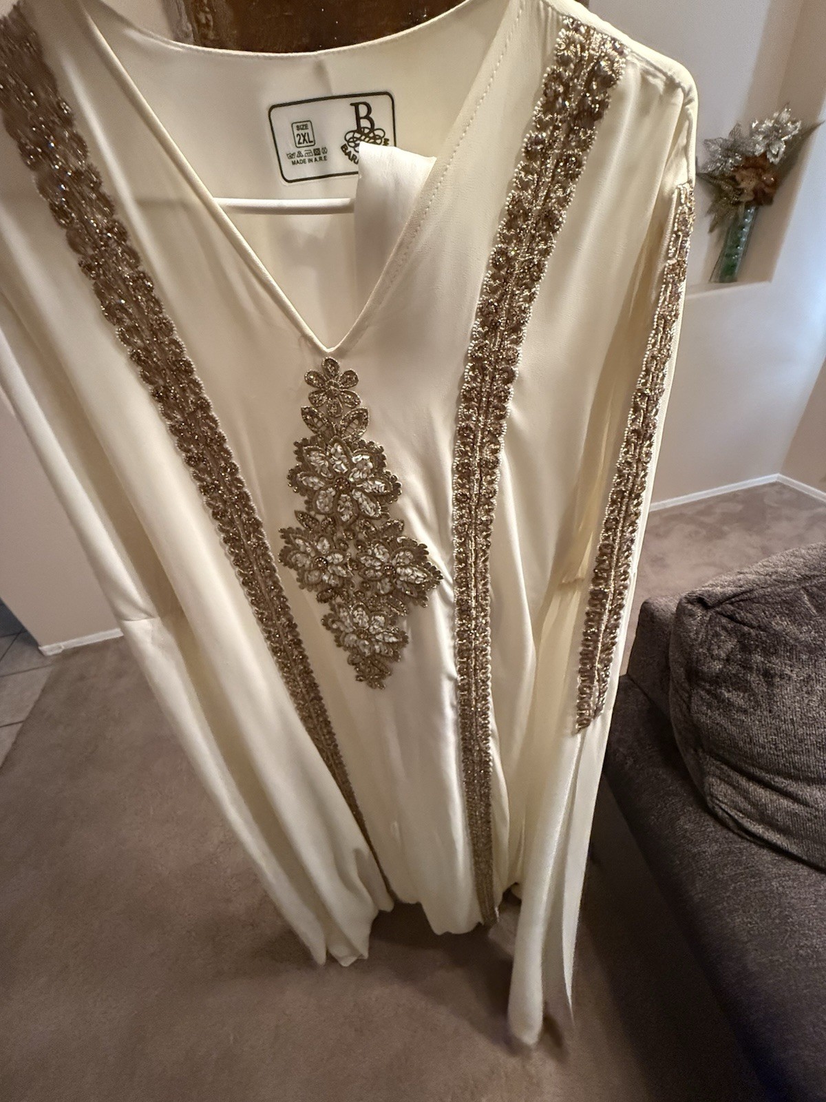 B Embroidered Kaftan Dress, Beige with Gold Accents, Women’s Size 2XL