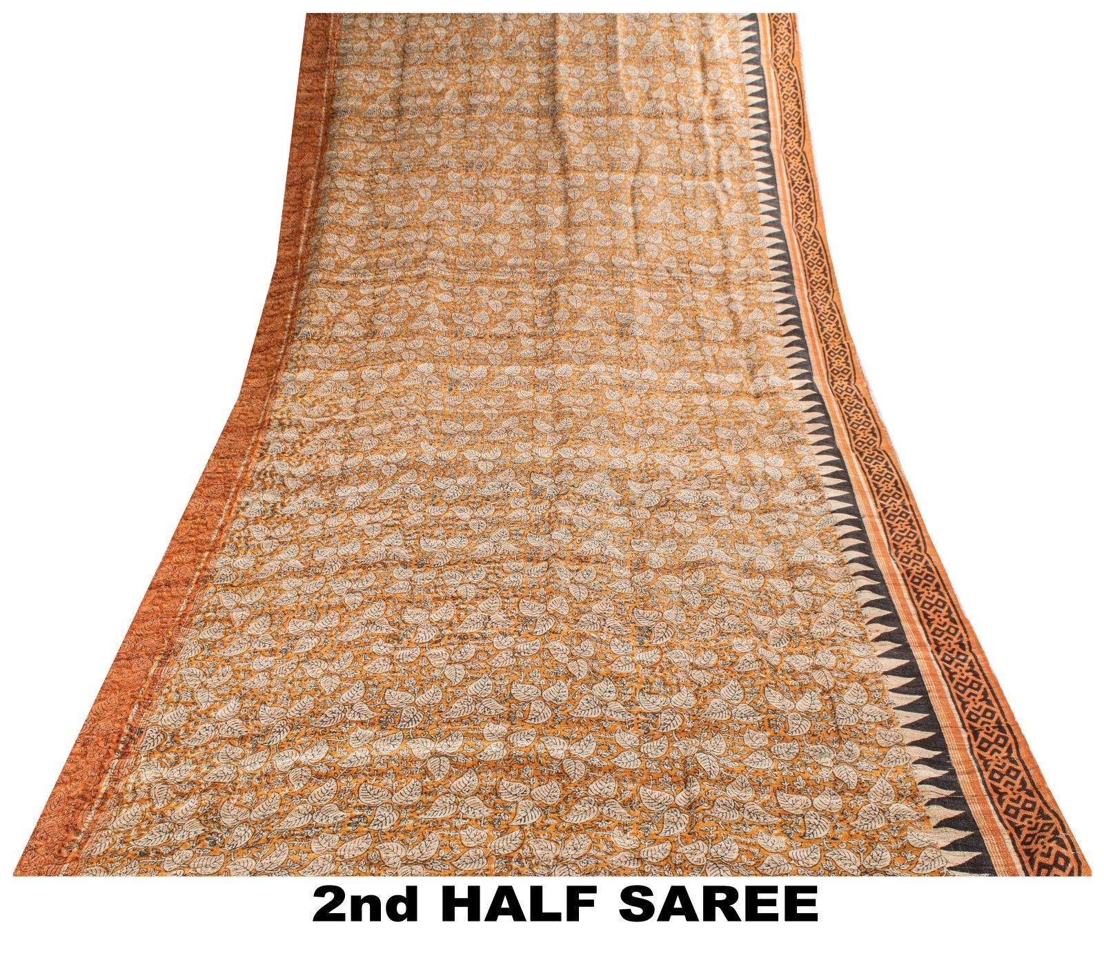 Sanskriti Vintage Saree Orange Pure Jute Silk Floral Kalamkari Printed 6 Yd Sari