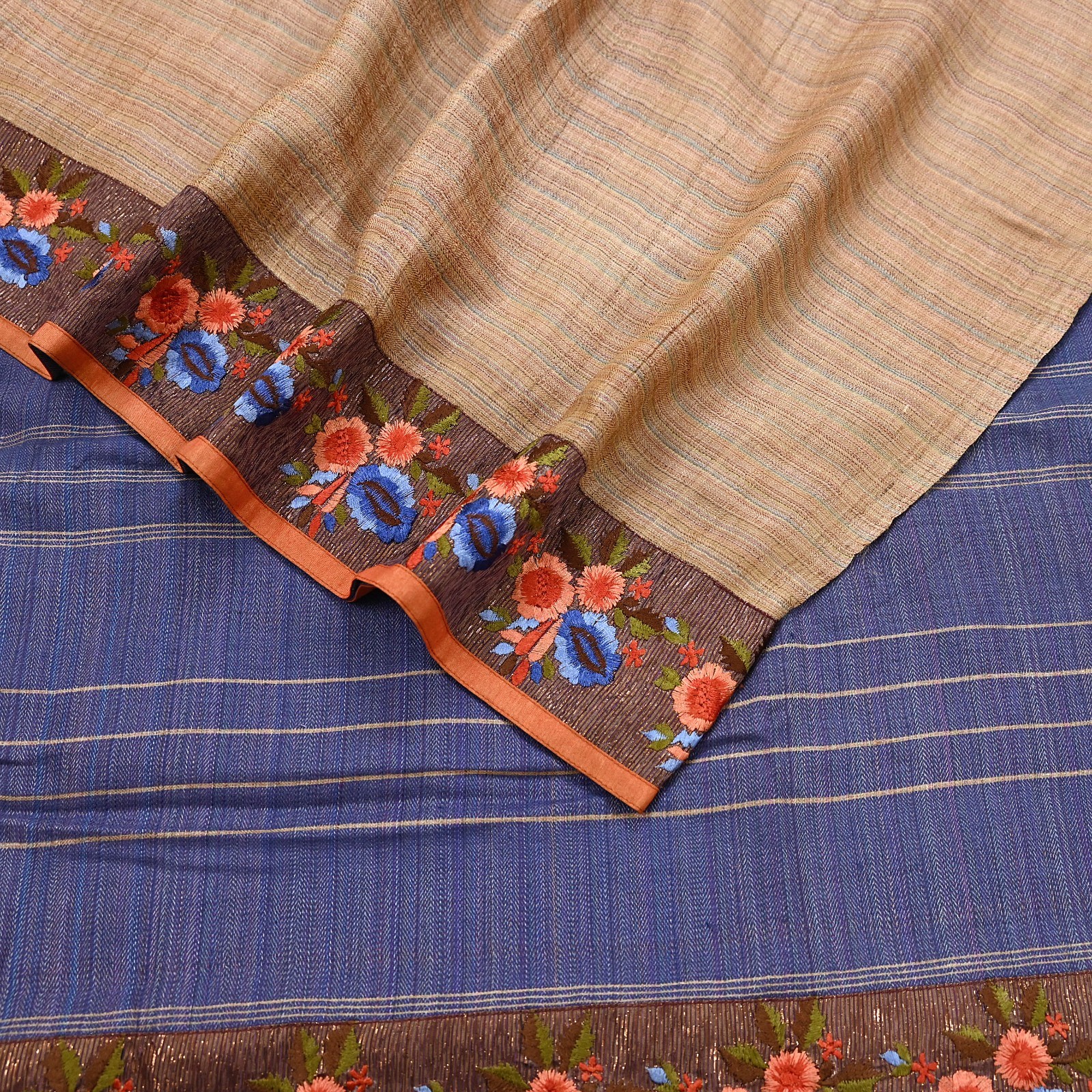 Vintage Blue beige Green Wool Saree Indian Pure Wool Floral Woven Fabric 5 Yard