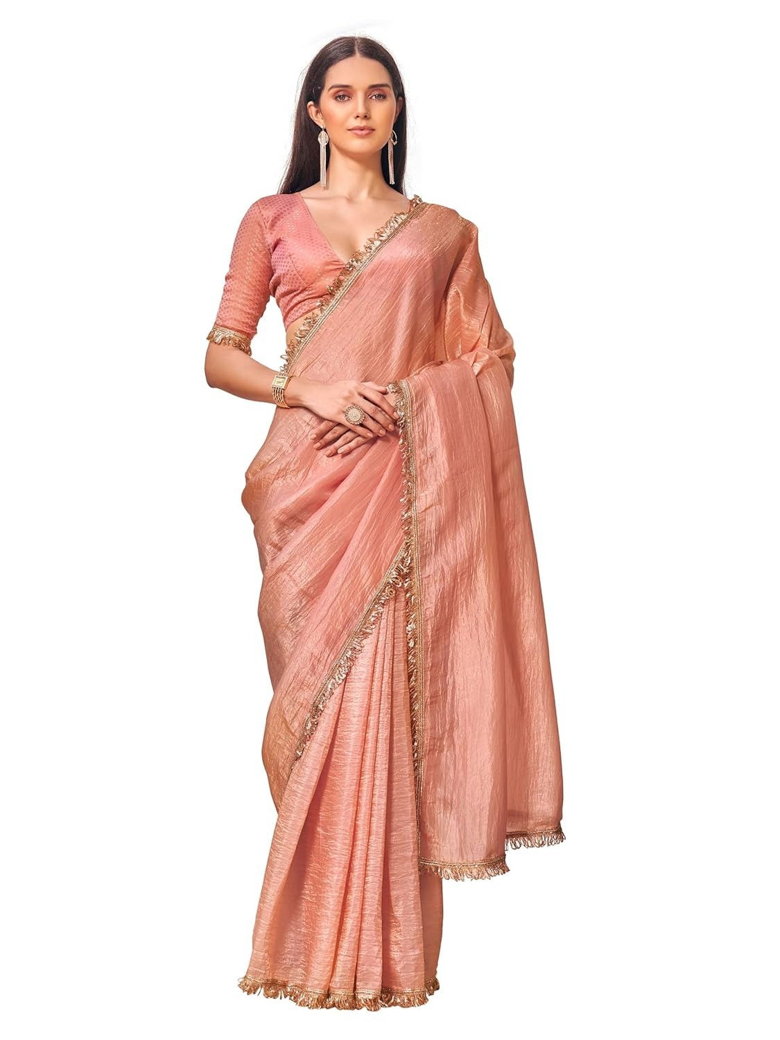 Women’s Plain Organza Solid Embellished Lace Saree with Un-Stitched Blouse Piece