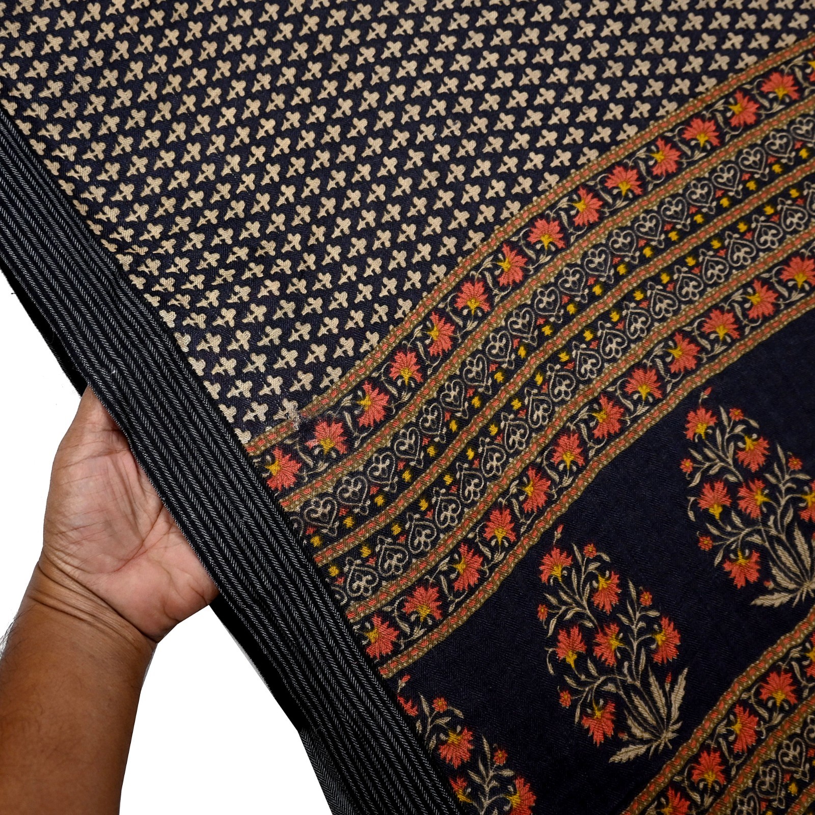 Vintage Black & Beige Saree Pure Woolen Woven Printed Sari Warm Craft Fabric 5Yd