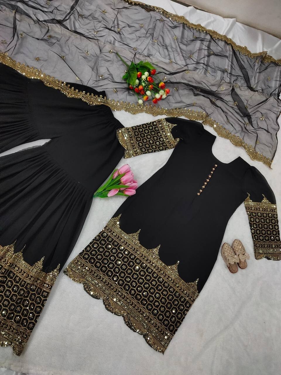 Latest Black Faux Georgette Top Palazzo With Heavy Net Dupatta For Women Wear