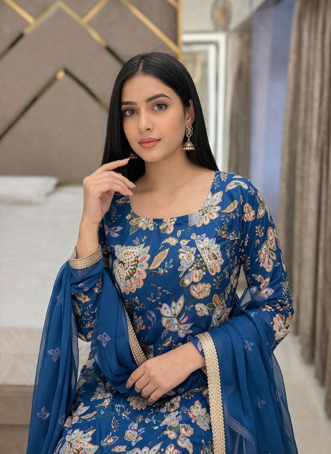 Designer Traditional New Look Stitched Silk Muslin Fabric Kurti Bottom & Dupatta