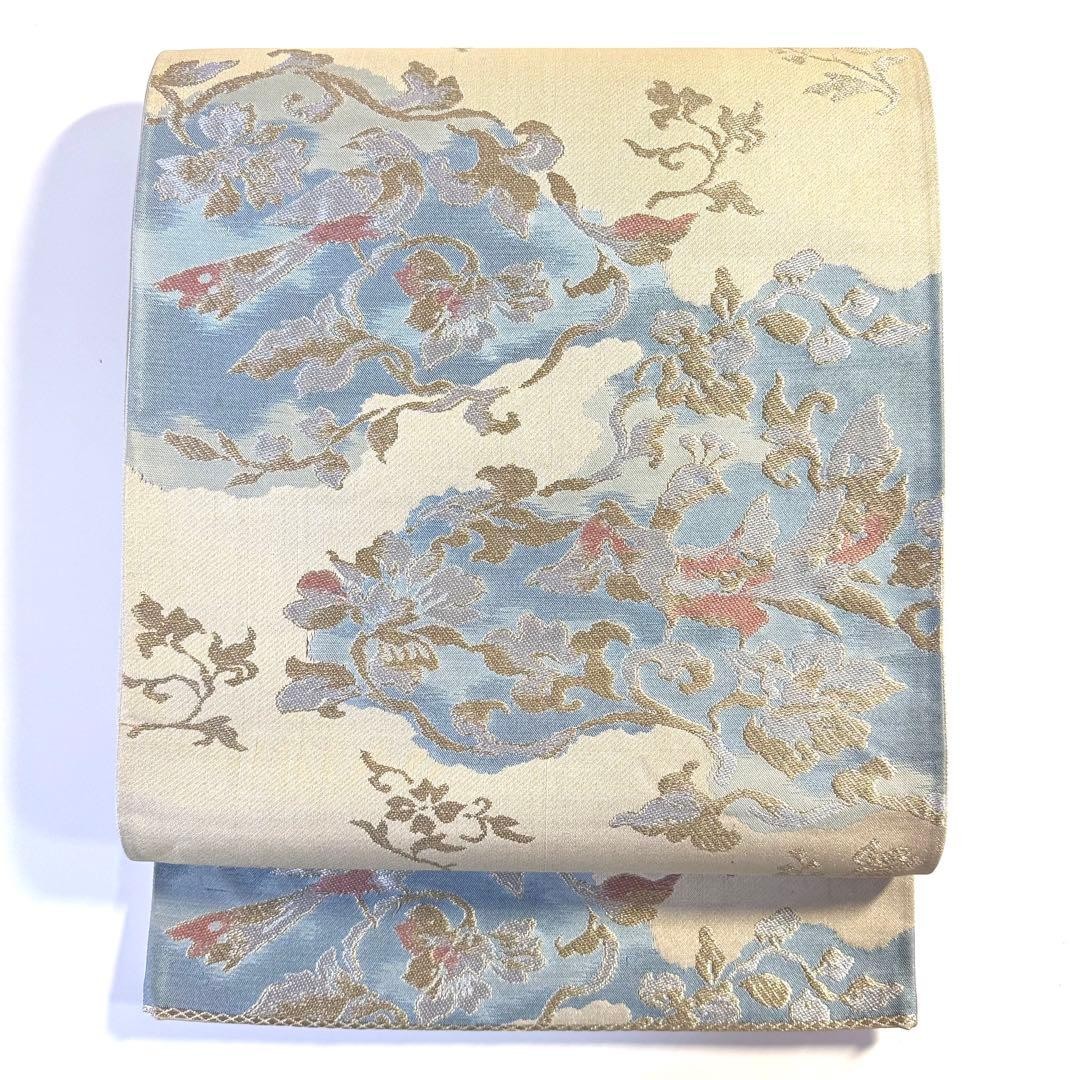 Japanese Fukuro Obi Bird Floral Gray Blue Gold Silver Pink Silk Sash