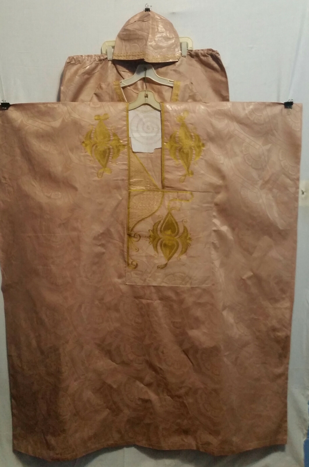Men Grand Boubou Pant Suit w/ Hat African Brocade Beige Gold Free Size