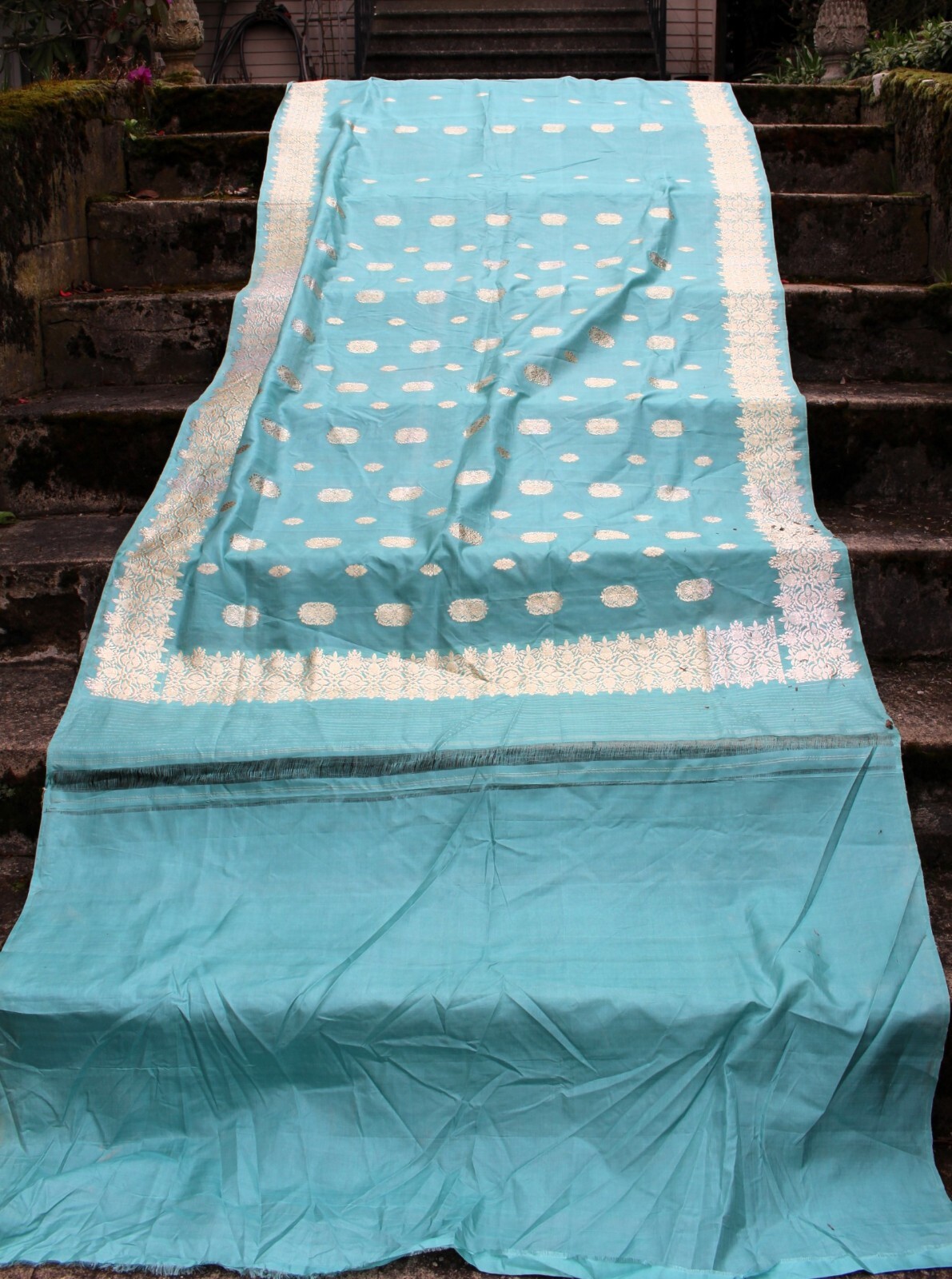 Unused Hand Woven South Asian Sky Blue Silk Sari with Silver Weft Brocade