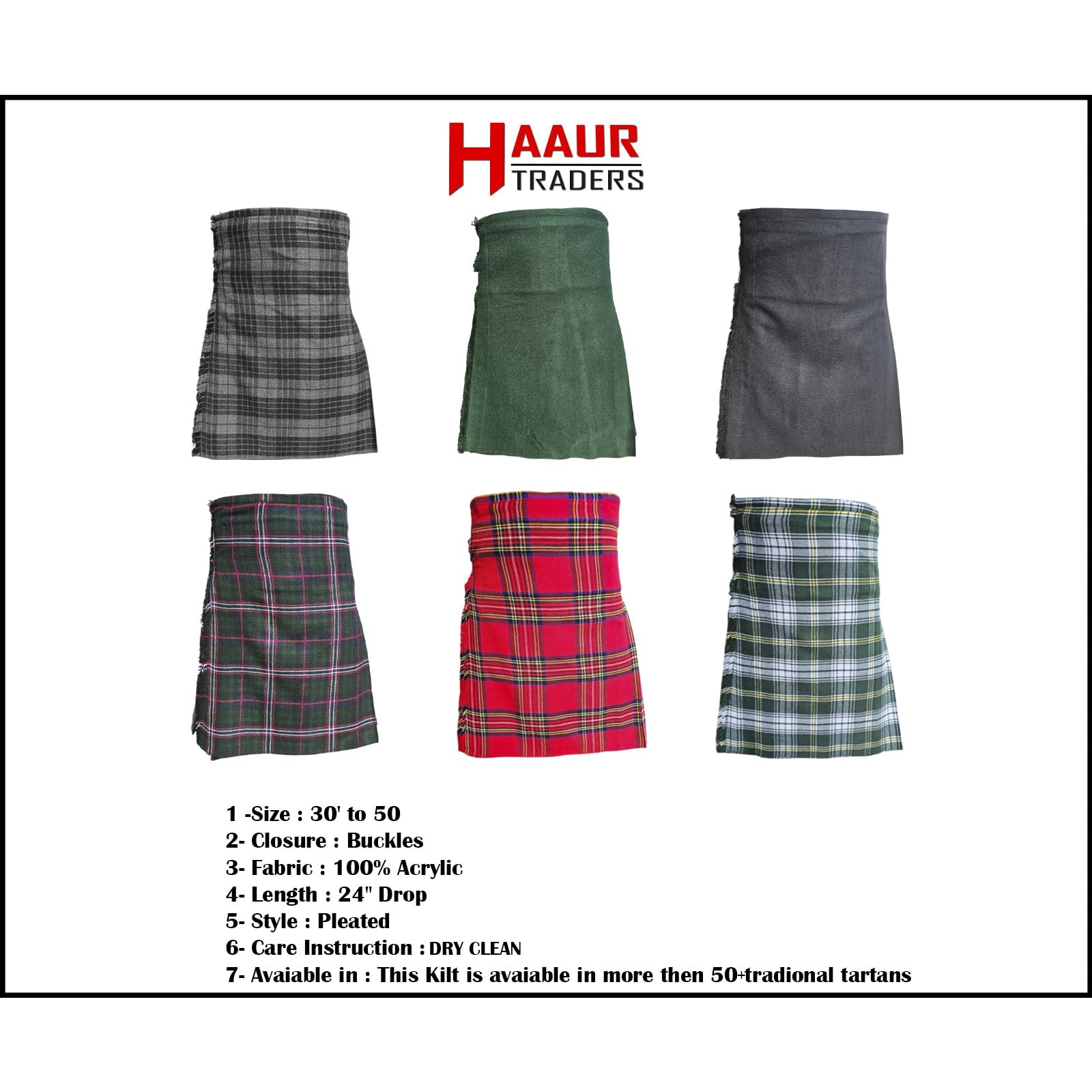 HAAUR TRADERS Scottish Tartan Men’s Kilt Black Watch Leather Straps Size 38