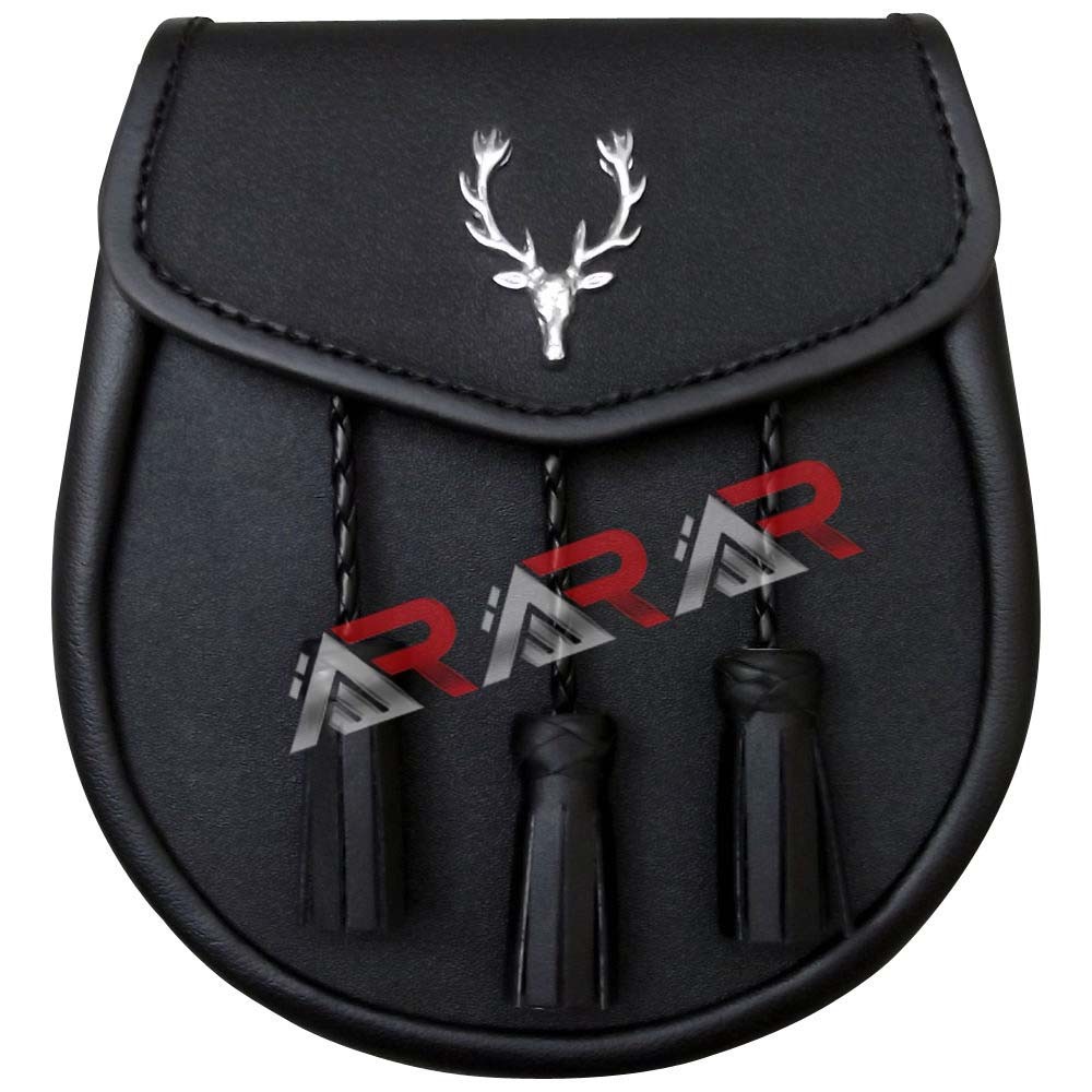 Brand New Leather Sporran with Stag Head on Front 3 Tassels & Chain Straps