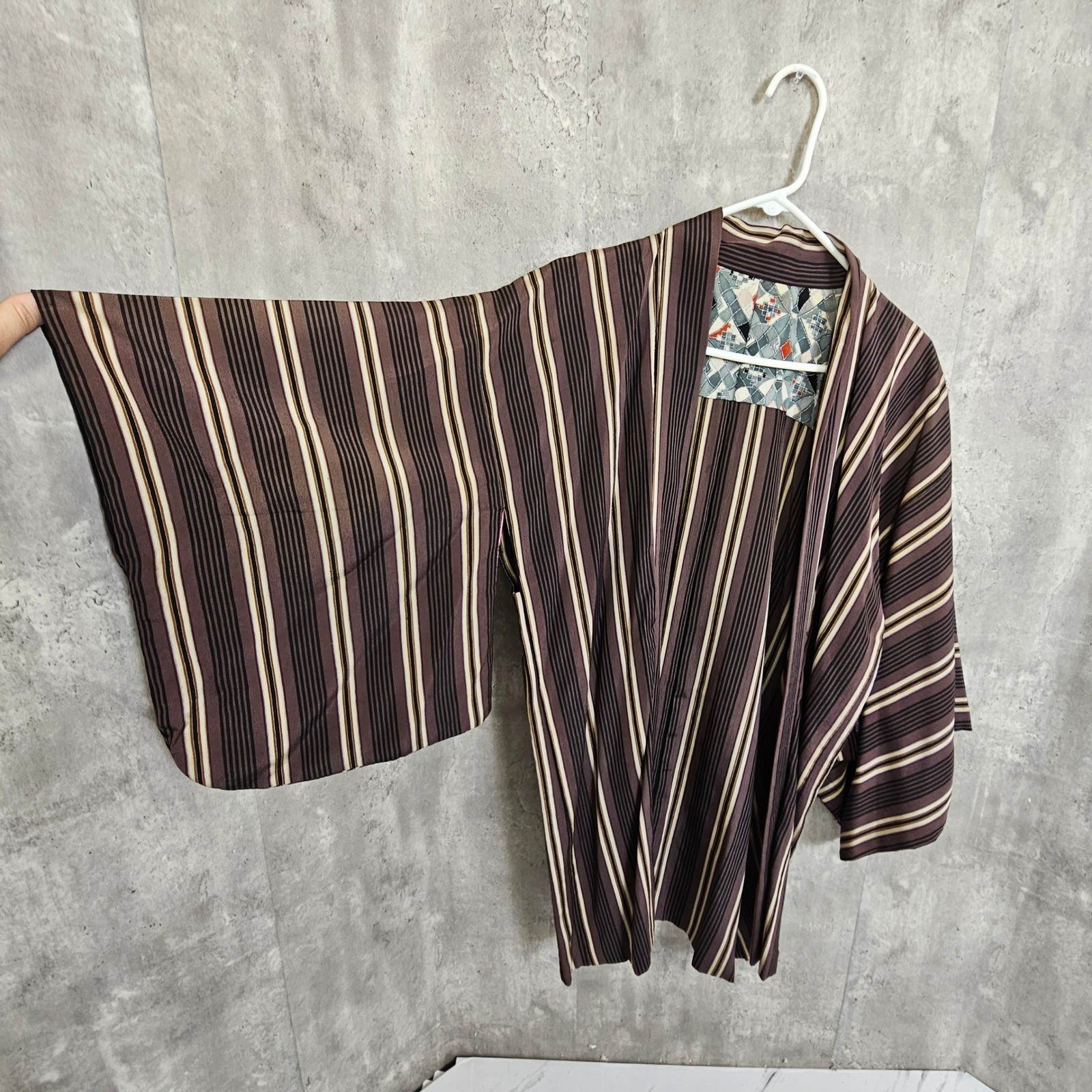 Vintage Japanese Haori Jacket Men’s Kimono Coat Brown Striped Lined Mid Century