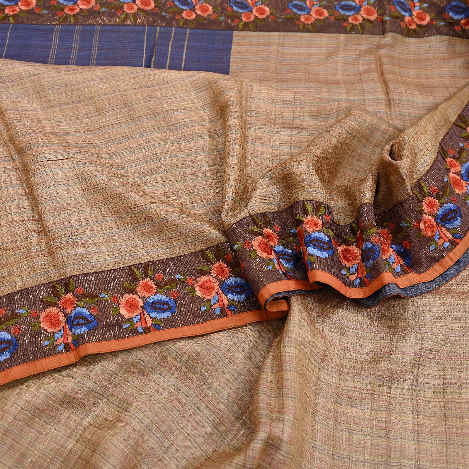Vintage Blue beige Green Wool Saree Indian Pure Wool Floral Woven Fabric 5 Yard