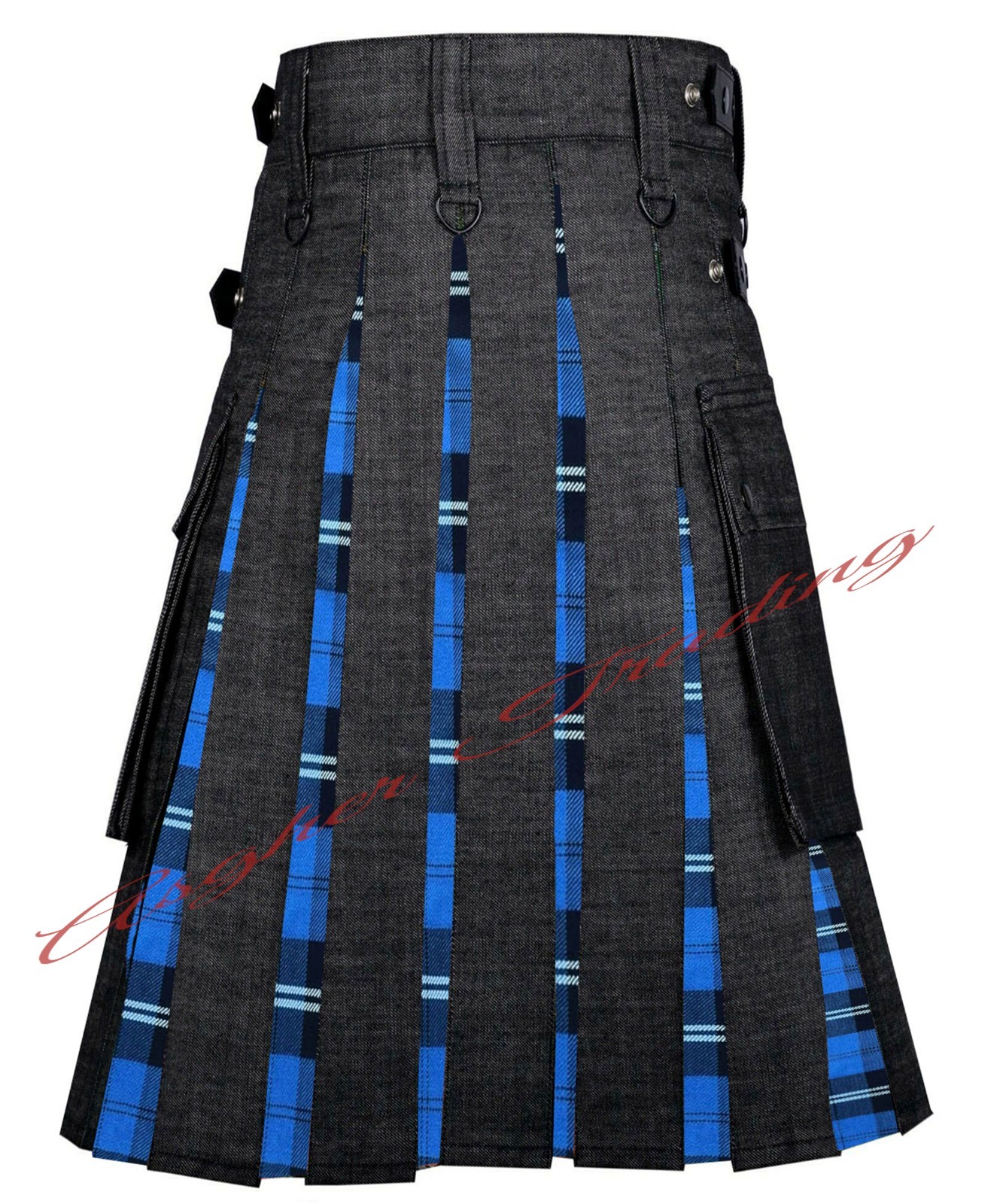 Handmade Scottish Black Denim & Ramsey Blue Tartan Hybrid Utility Kilt For Men