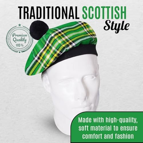 EZE Scottish Hat for Men Tam o’ Shanter Flat Bonnet Kilt One Size Irish Green