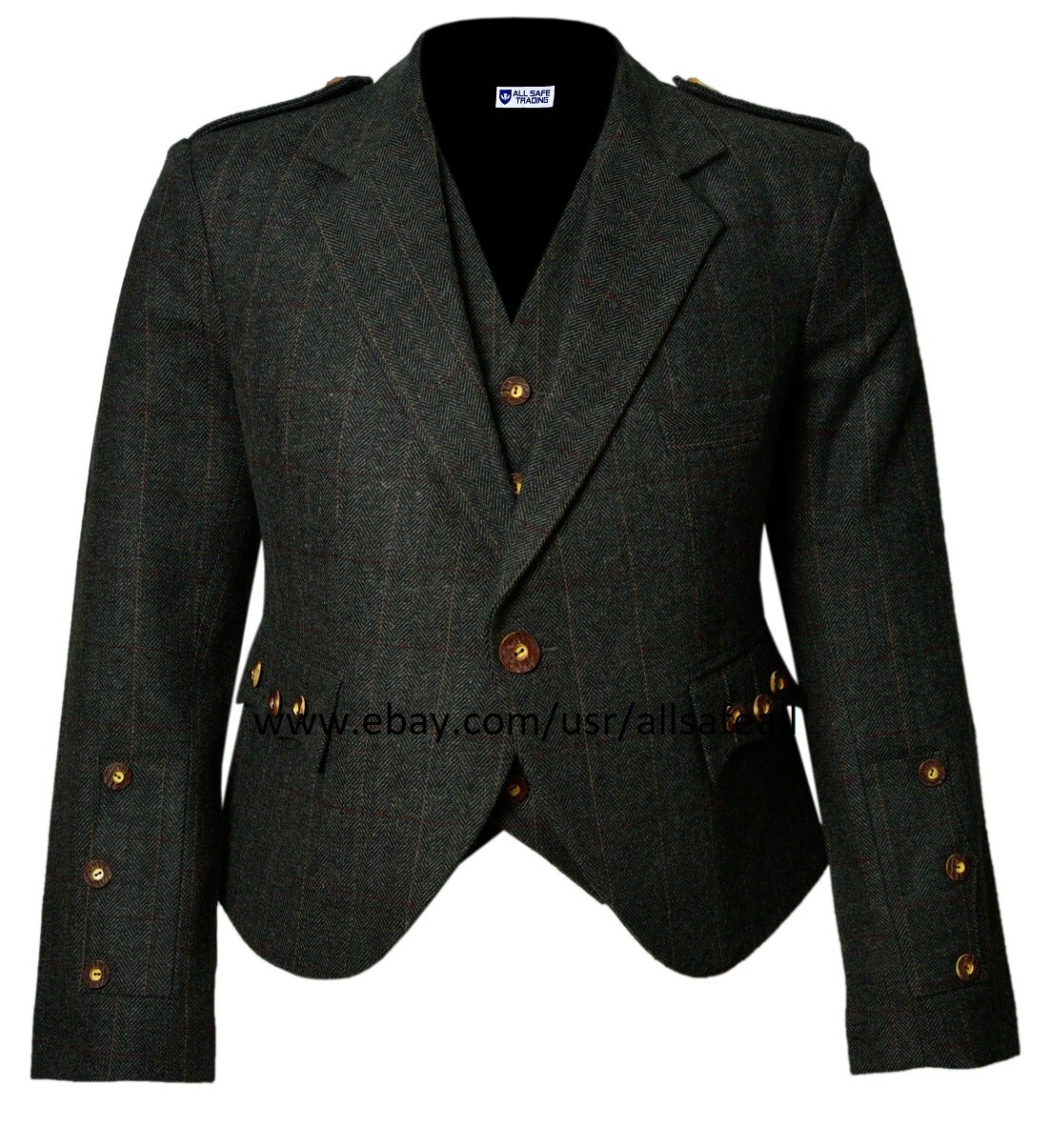 Scottish Green Herringbone Plaid Tweed Argyle Kilt Jacket With Waistcoat/Vest
