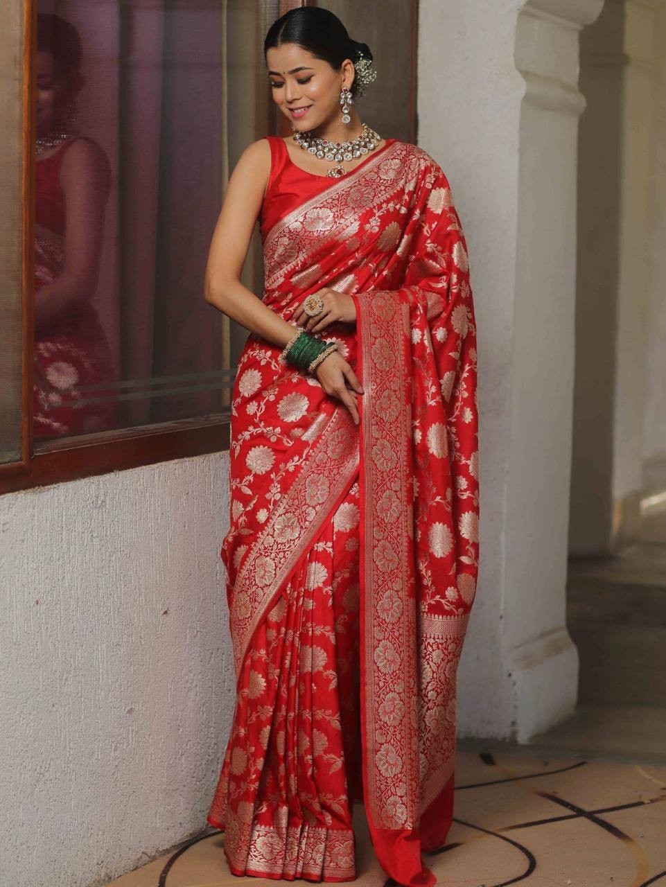 Indian Wedding Saree Red Silk Saree with Golden Jacquard Work & Brocade Blouse