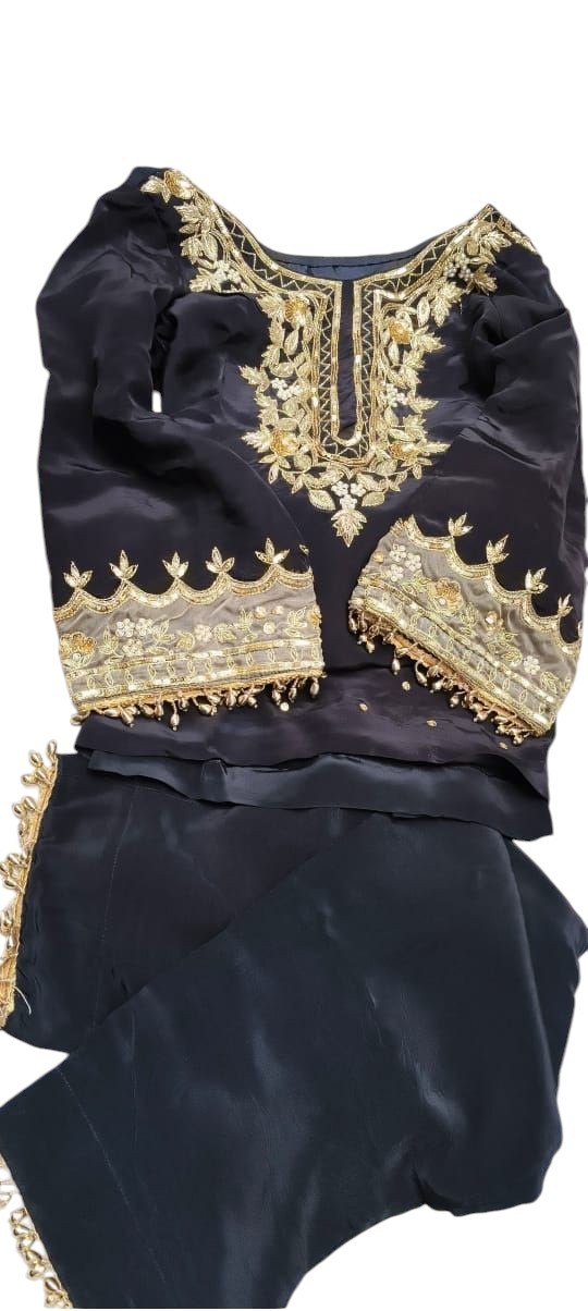 Luxury Black Hand Embroidered Silk Suit Set | Custom Size | Organza Dupatta |…
