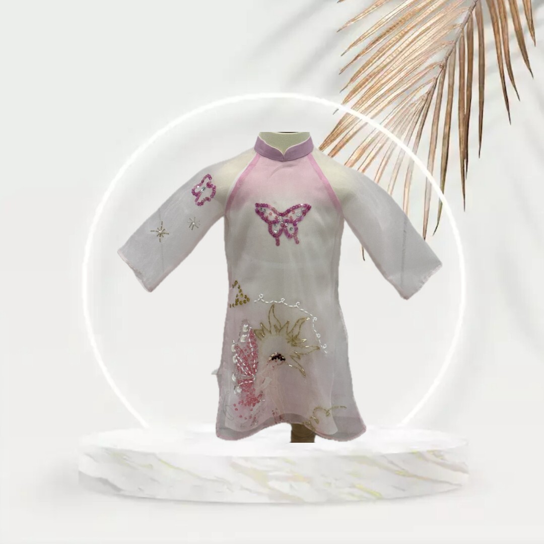 White Vietnamese Ao Dai with Pink Pants for Girl. Complete Set