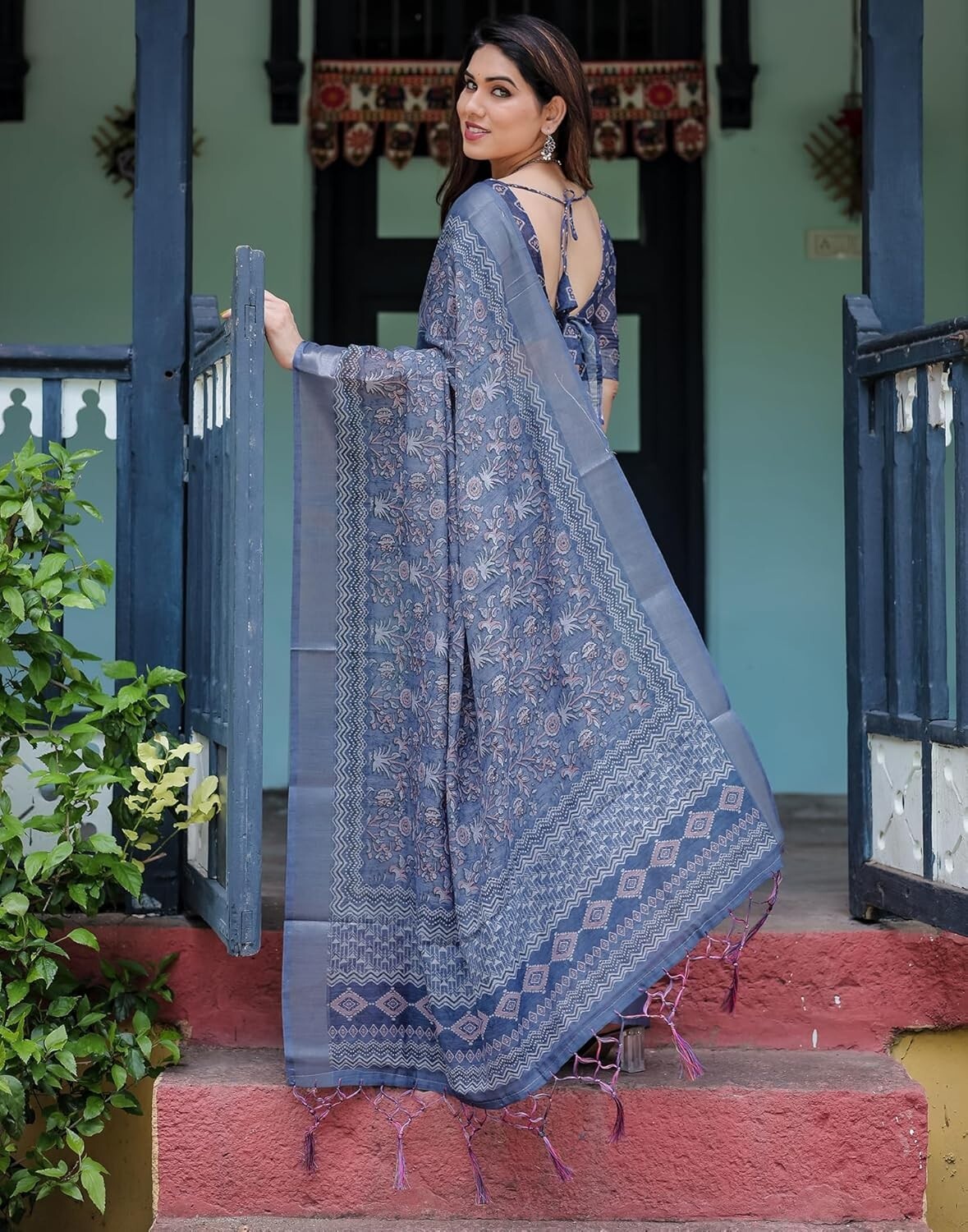 Women’s Cotton Linen Printed Saree with Unstitched Blouse Piece