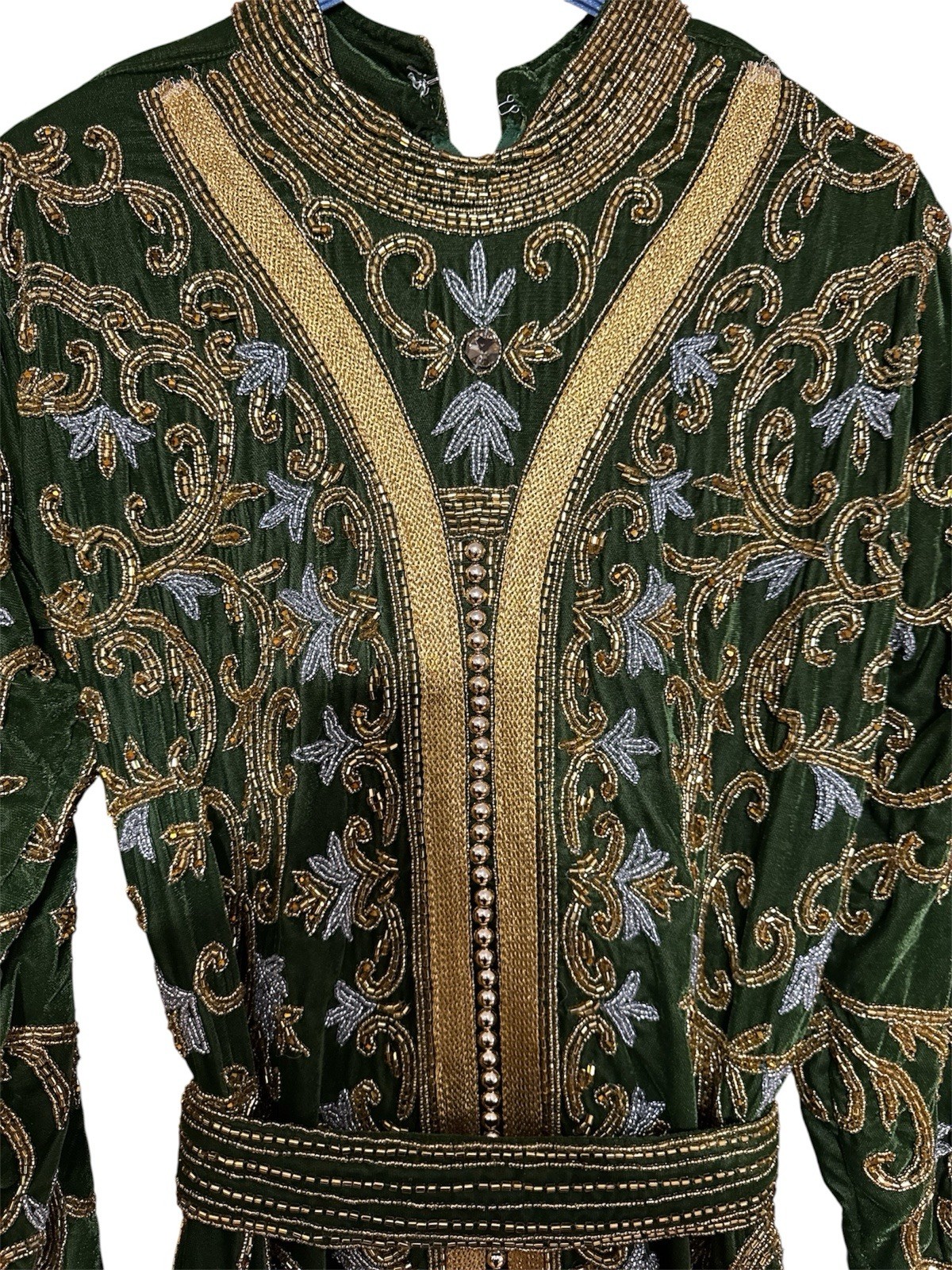 Luxury Green velvet moroccan takchita kaftan heavily beaded Gold/silver