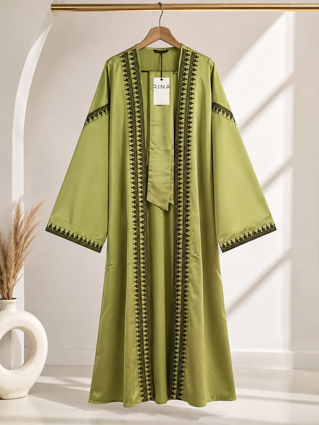 Women’s Ramadan Jalabiya Olive Embroidered Kaftan Abaya XL-2XL Belt