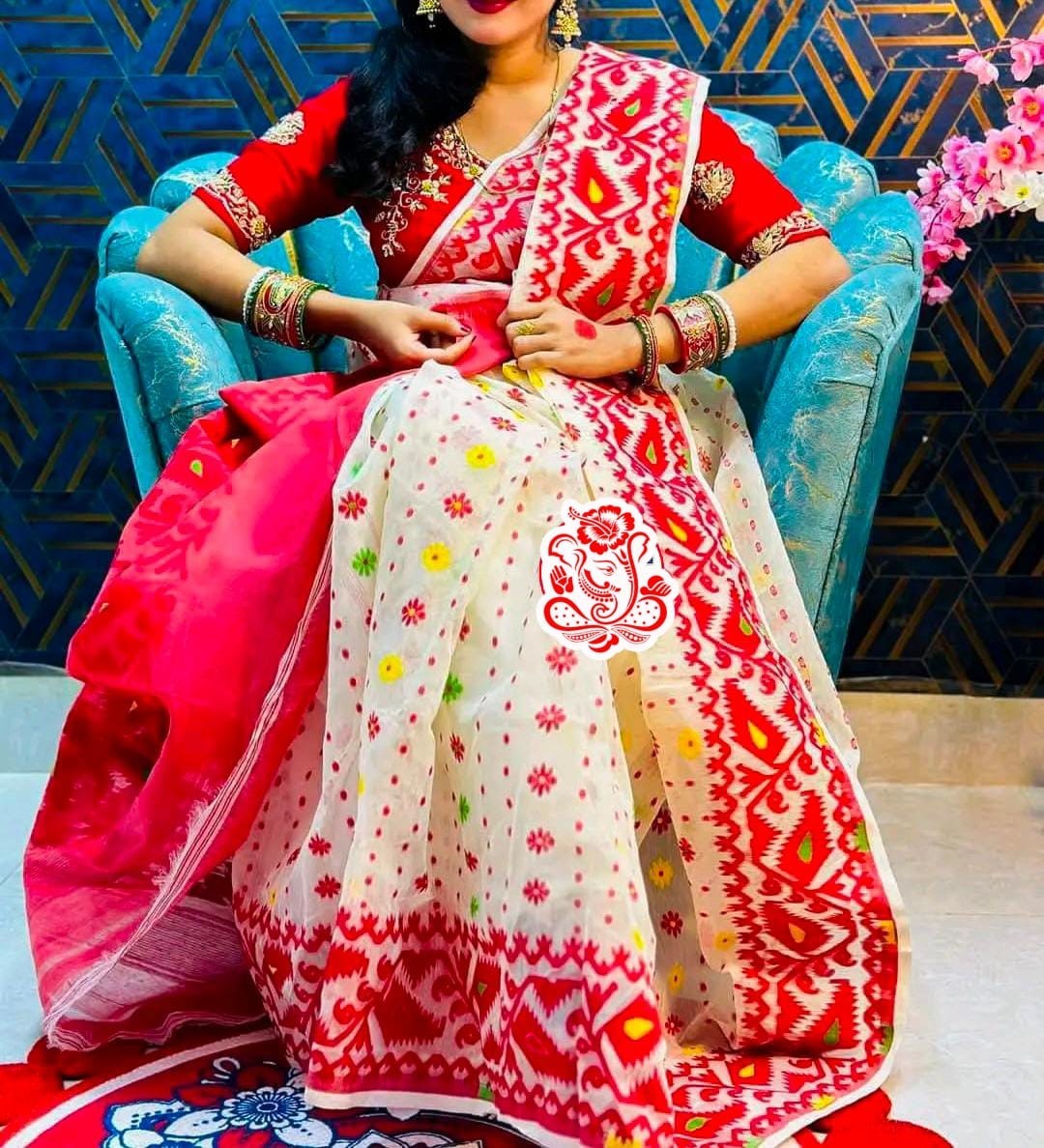 Special Red & Off white Hand Made Dhakai Jamdani For Women Traditional Wear