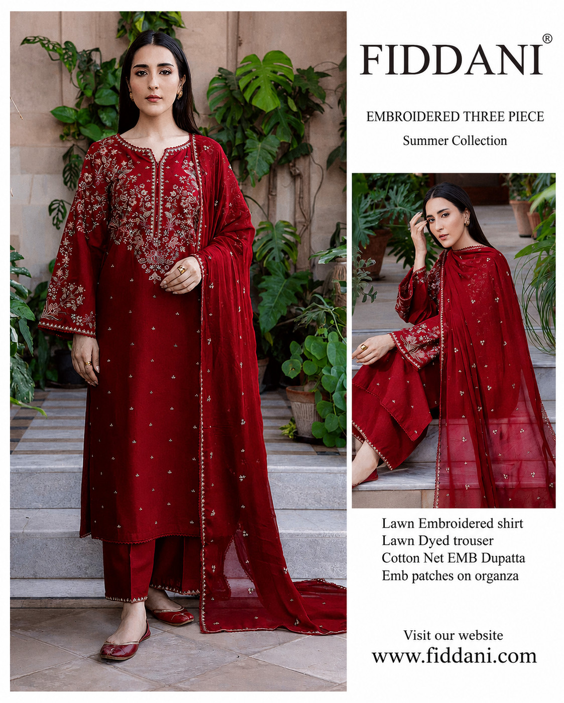 Fiddani Unstitched Pakistani Embroidered Lawn 3PC Suit Cotton Net Dupatta