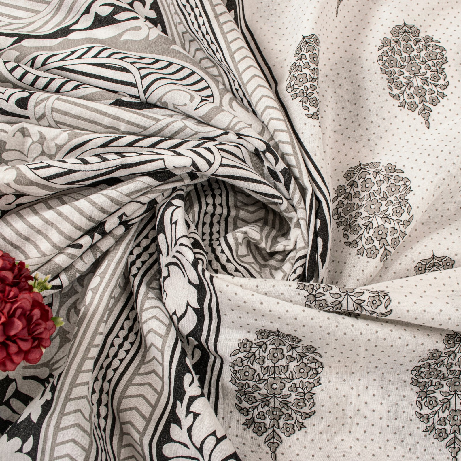Sanskriti Vintage White-Black Pure Cotton Saree Digital Kalamkari Printed 5.5Yd