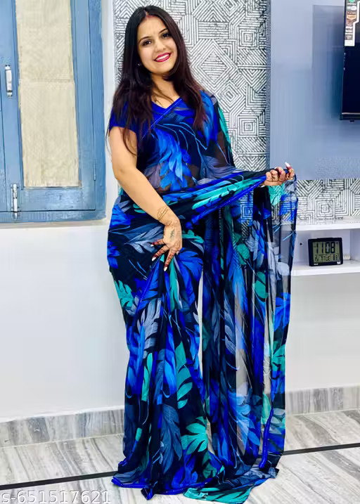 Women Daily wear saree_Georgette Printed Saree with Lace Border Lightweight sari