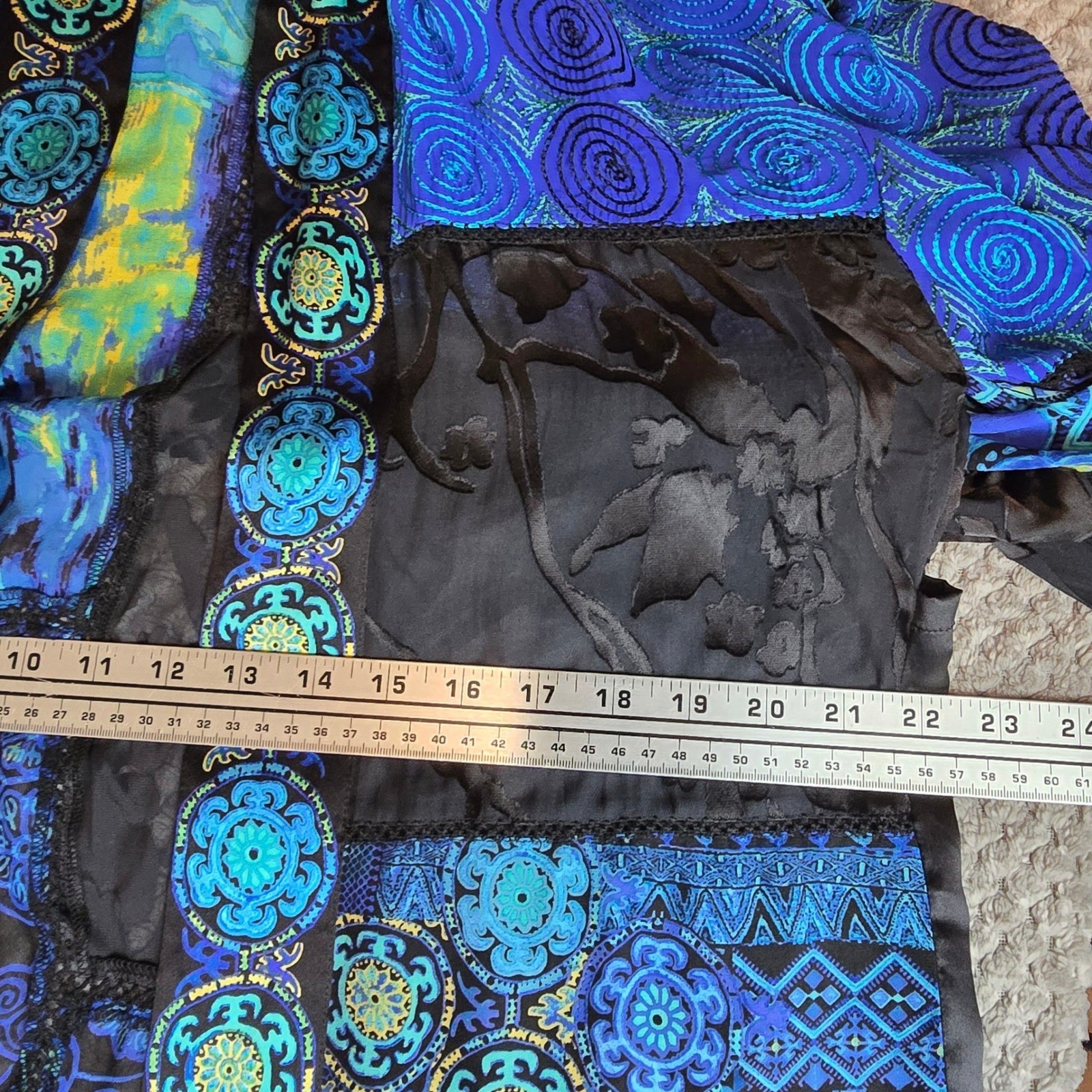Chico’s Silk Blend Patchwork Kimono Jacket Blue Purple Burnout Velvet Size S/M