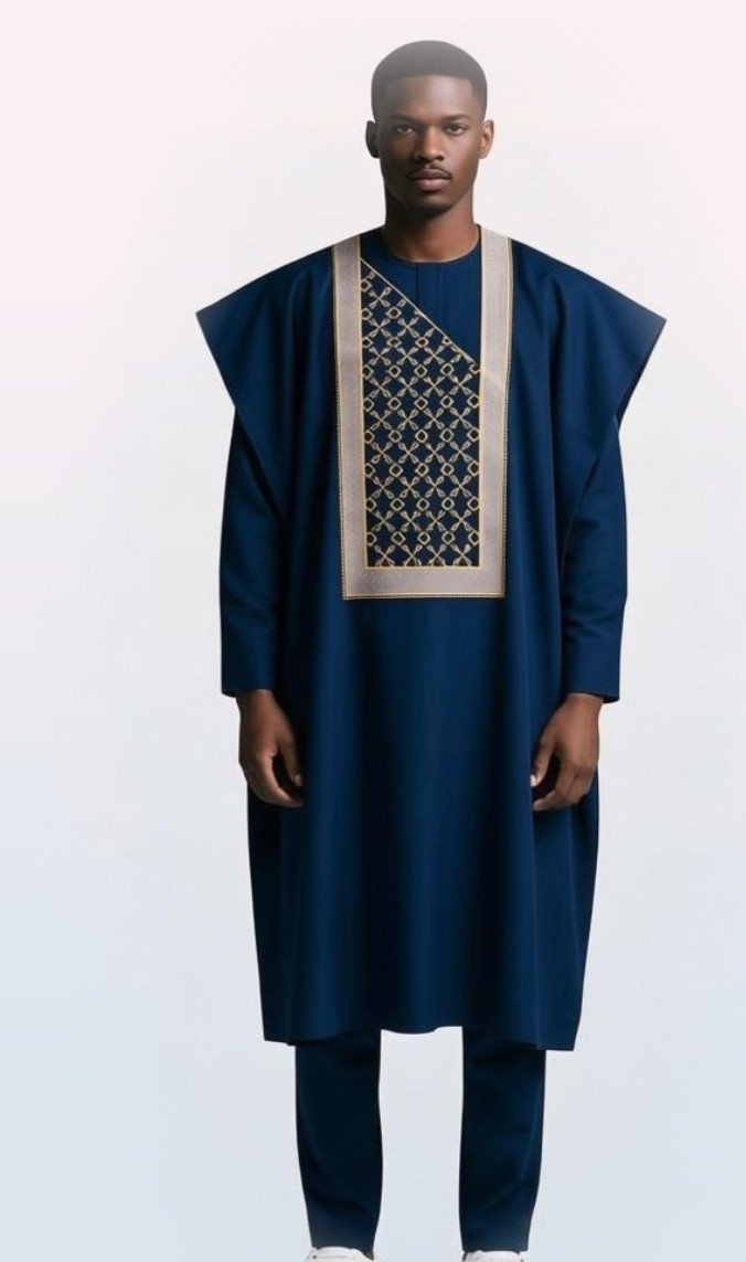 3- Piece Mens Agbada Blue Long- Sleeve Round Neck Shirt African Suit Size XL