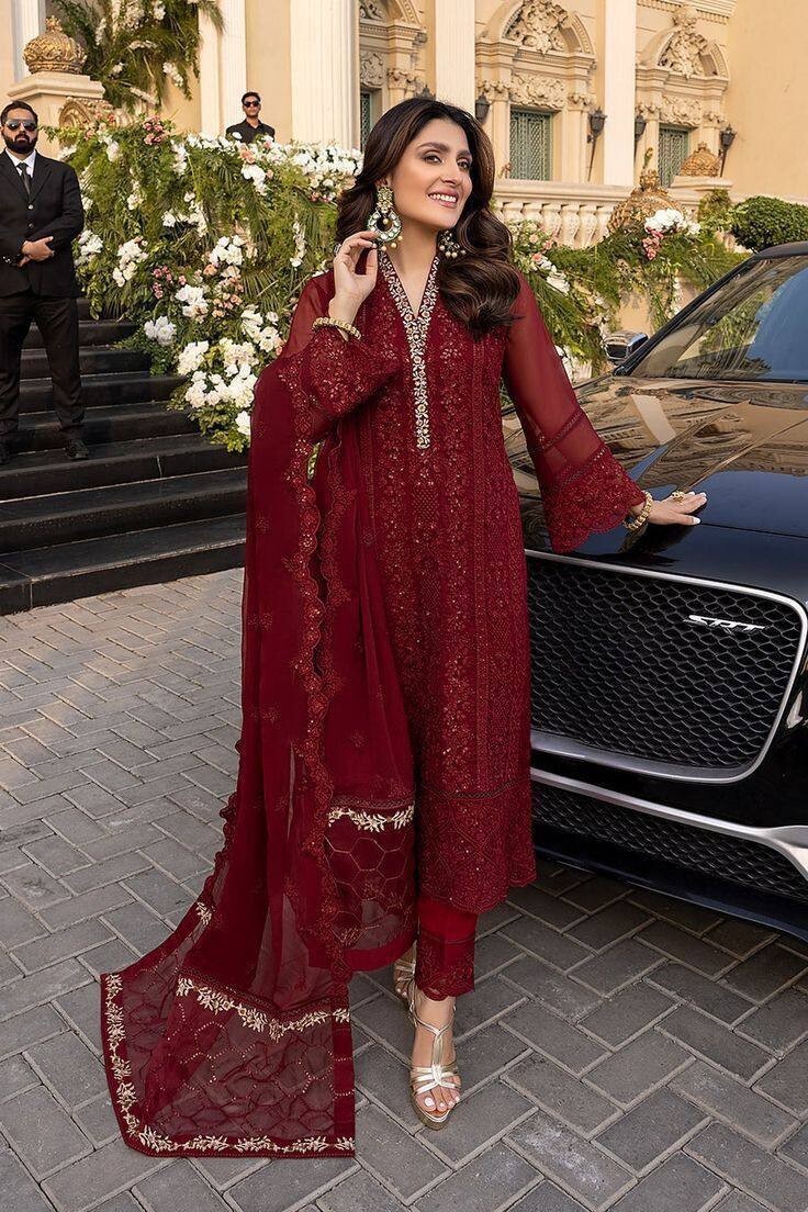 Heavy Wedding Wear Maroon Faux Georgette Salwar Kameez With Dupatta For Women