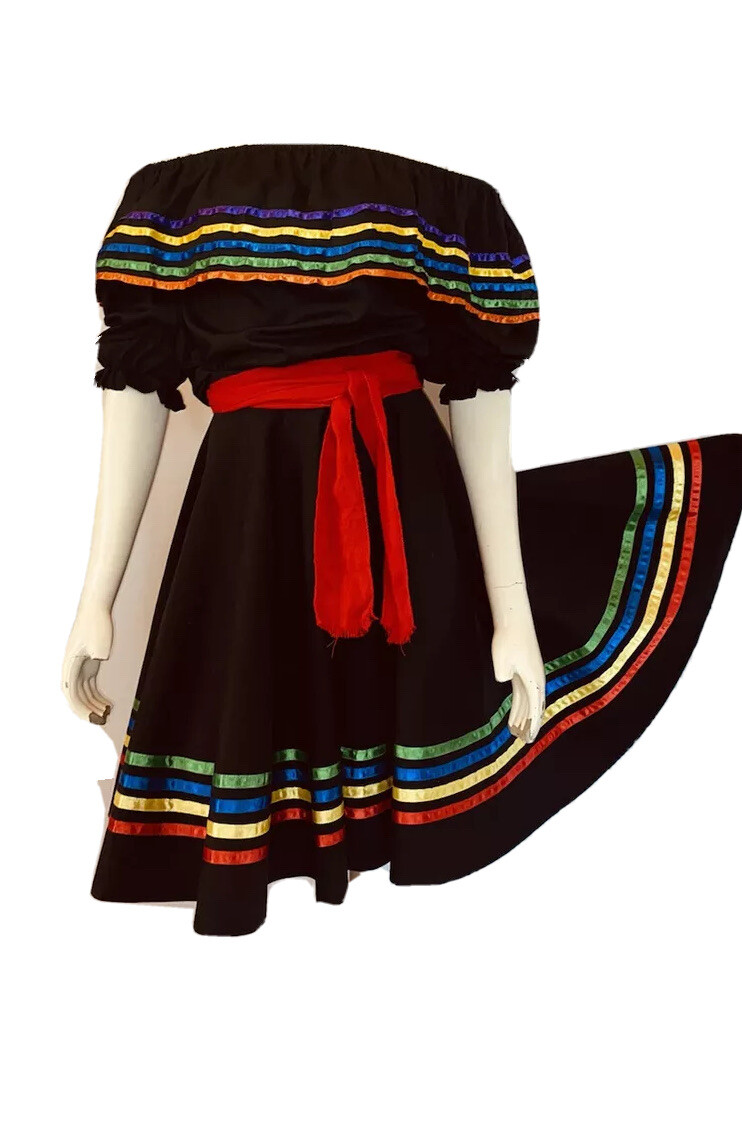 Mexican Folkloric Outfit Black circle skirt + Multi Color Ribbons folclórico s/m