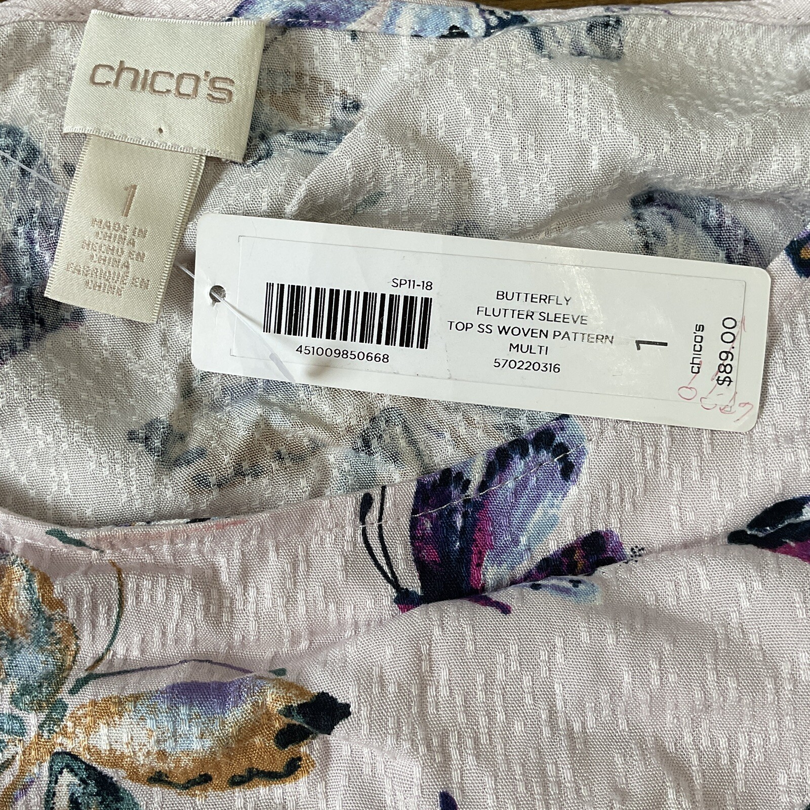 Chico’s Butterfly Rayon Blouse Flutter Sleeve Size M (Chico’s 1) Multicolored