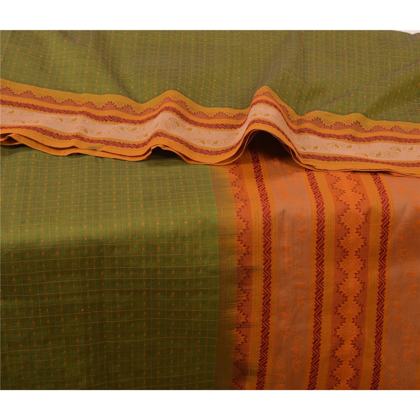 Sanskriti Vintage Green Sarees Blend Cotton Premium Sari Craft 5 Yard Fabric