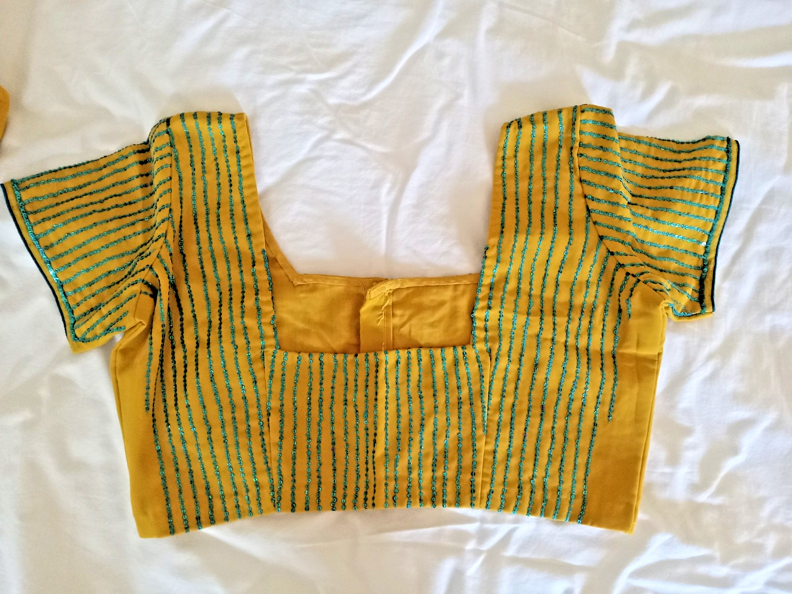 Yellow Chiffon Saree with Aqua Blue Sequins and Blouse (size medium-large)