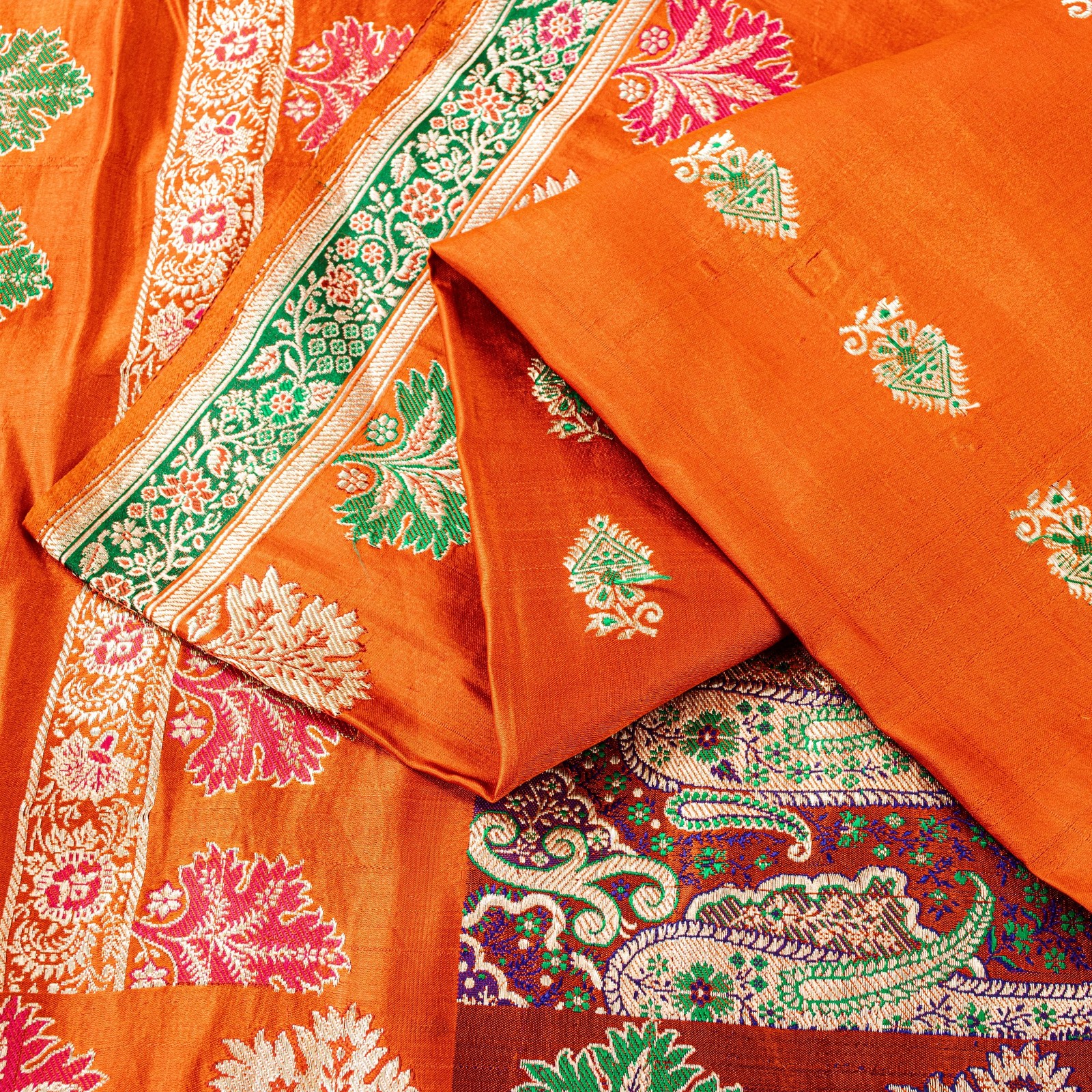 Sanskriti Vintage Orange Pure Satin Sarees Banarasi Brocade Hand Woven 5+Yd Sari
