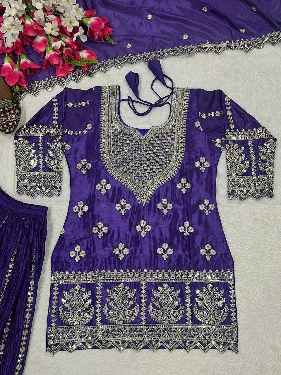 Latest Heavy Chinon Silk Purple Top Palazzo With Dupatta For Functional Wear