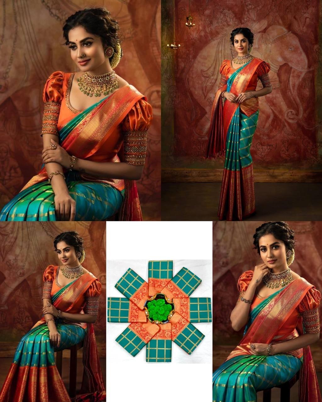 Designer Red Lichi Silk Saree withgreen linen saree, silver border saree, Indian