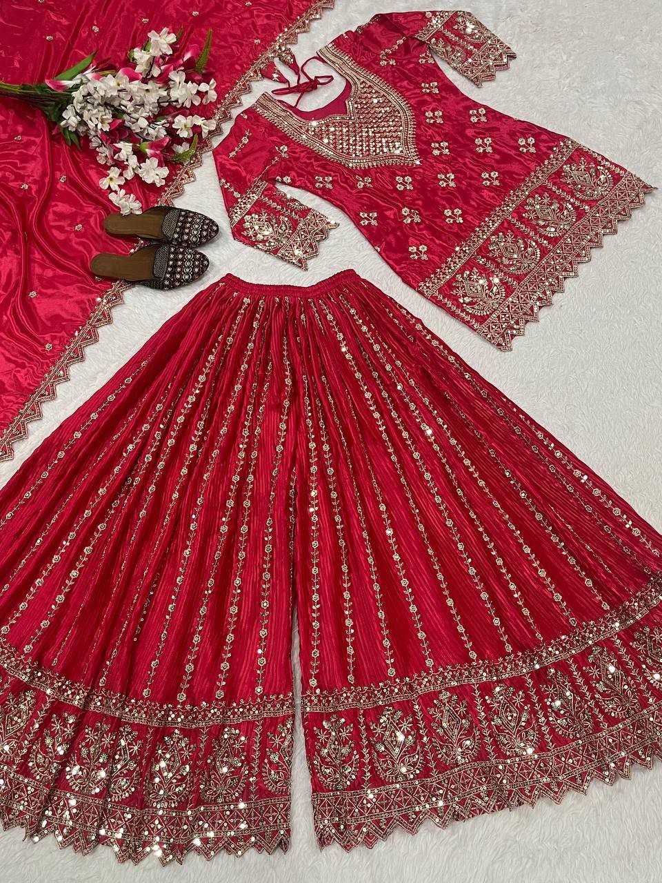Beautiful Look Heavy Chinon Silk Pink Top Palazzo With Dupatta For Wedding Wear