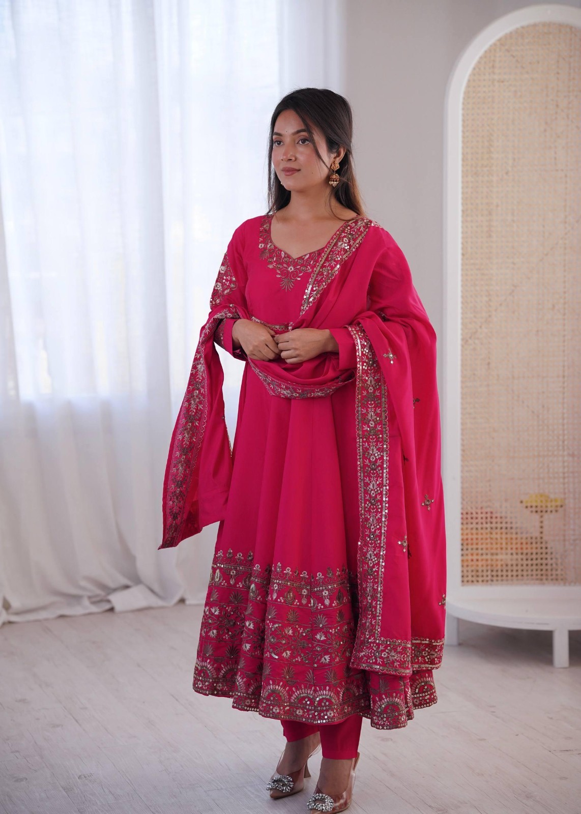 Readymade Women’s Bridal Roman Silk Pink Gown Dupatta Wedding Wear Wedding Party