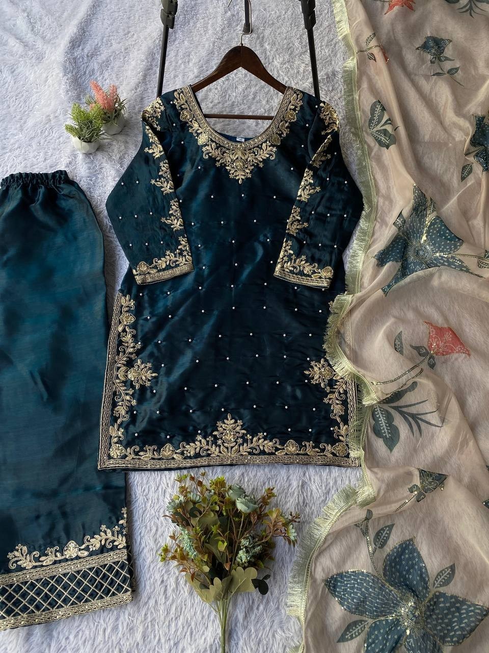 Unique Designer Heavy Fandy Crushi Silk Top And Sharara Palazzo With Dupatta