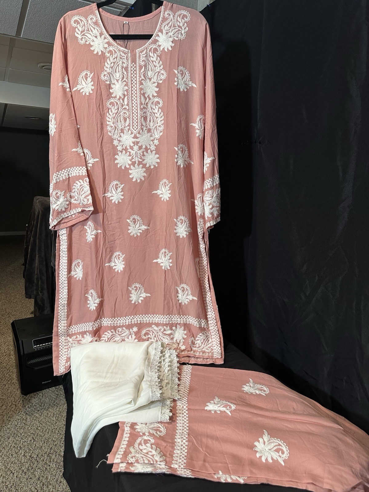 Beautiful soft linen Front & back emb-3 pc suit-emb plazo, laced dupatta-$40