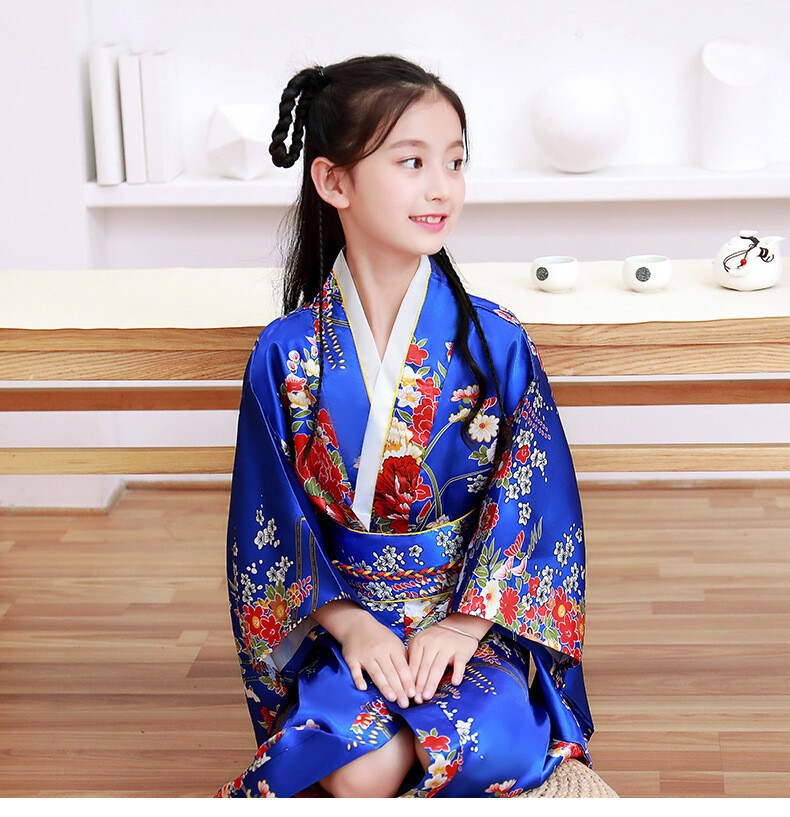 Japanese Traditional Costume Peony Kimono Dress Kids Obi Bathing Robe Yukata 01