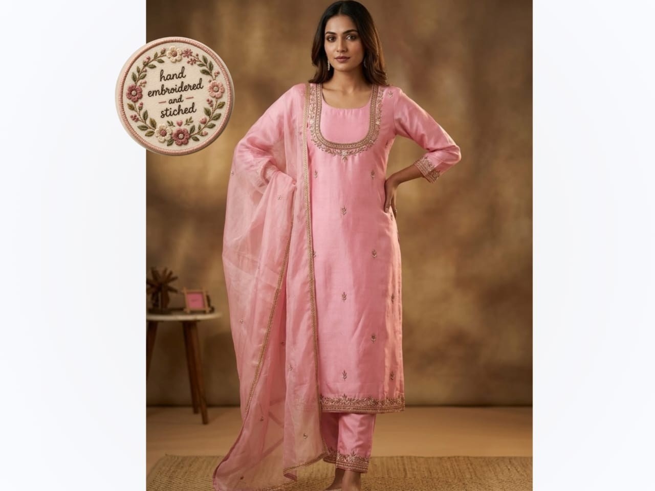 Pink Silk Hand Embroidered Suit Set with Organza Dupatta Custom Size