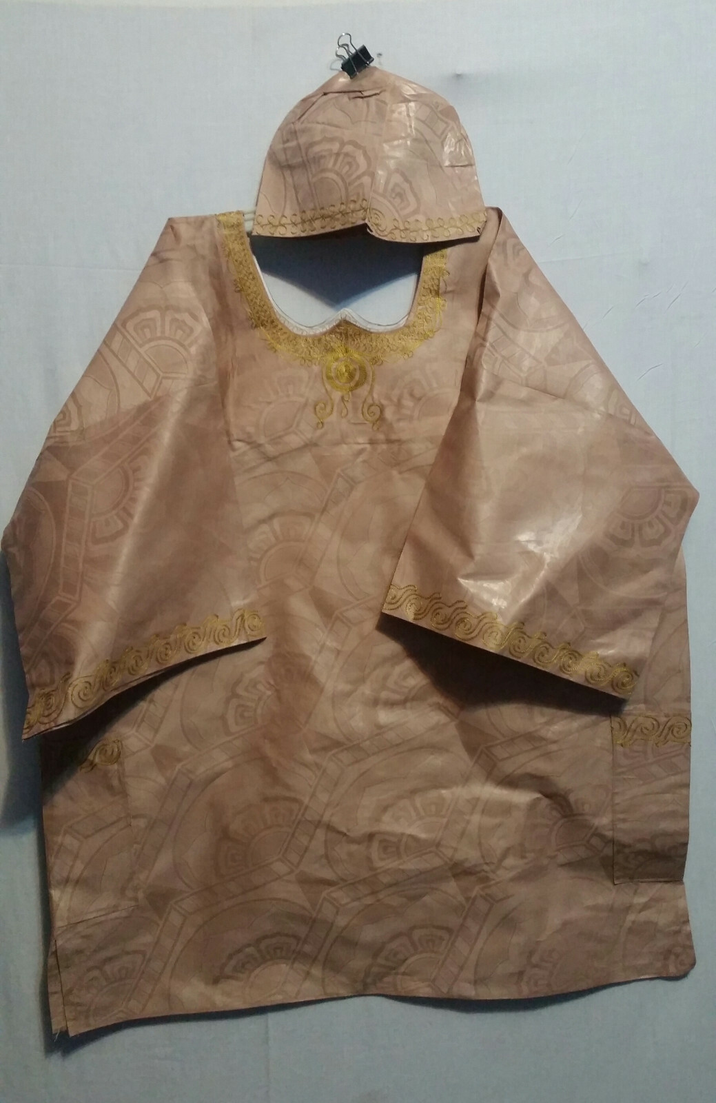 Men Grand Boubou Pant Suit w/ Hat African Brocade Beige Gold Free Size